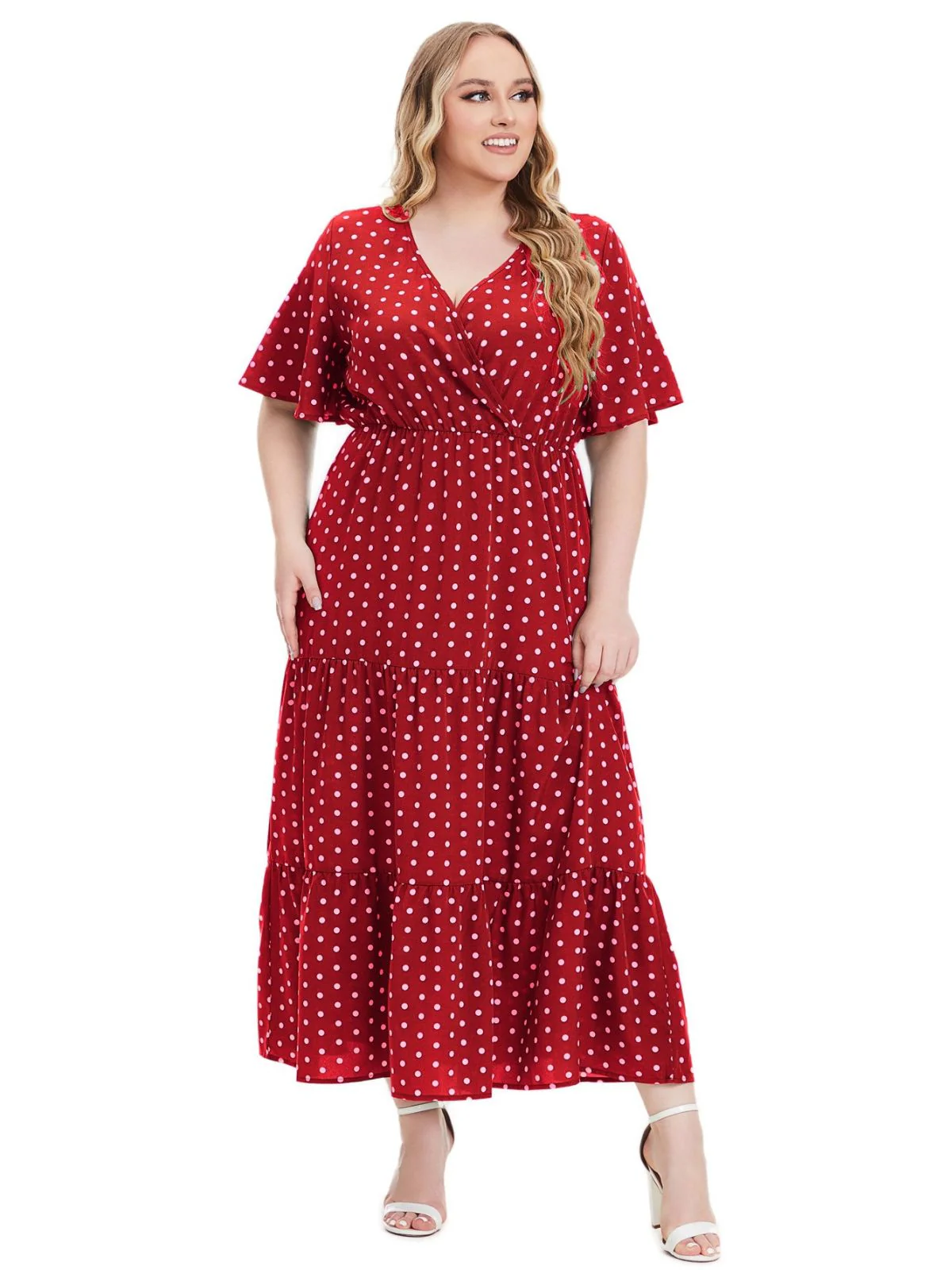 [Plus Size] 1940s Polka Dot V-Neck Short Sleeve Maxi Dress - Image 8