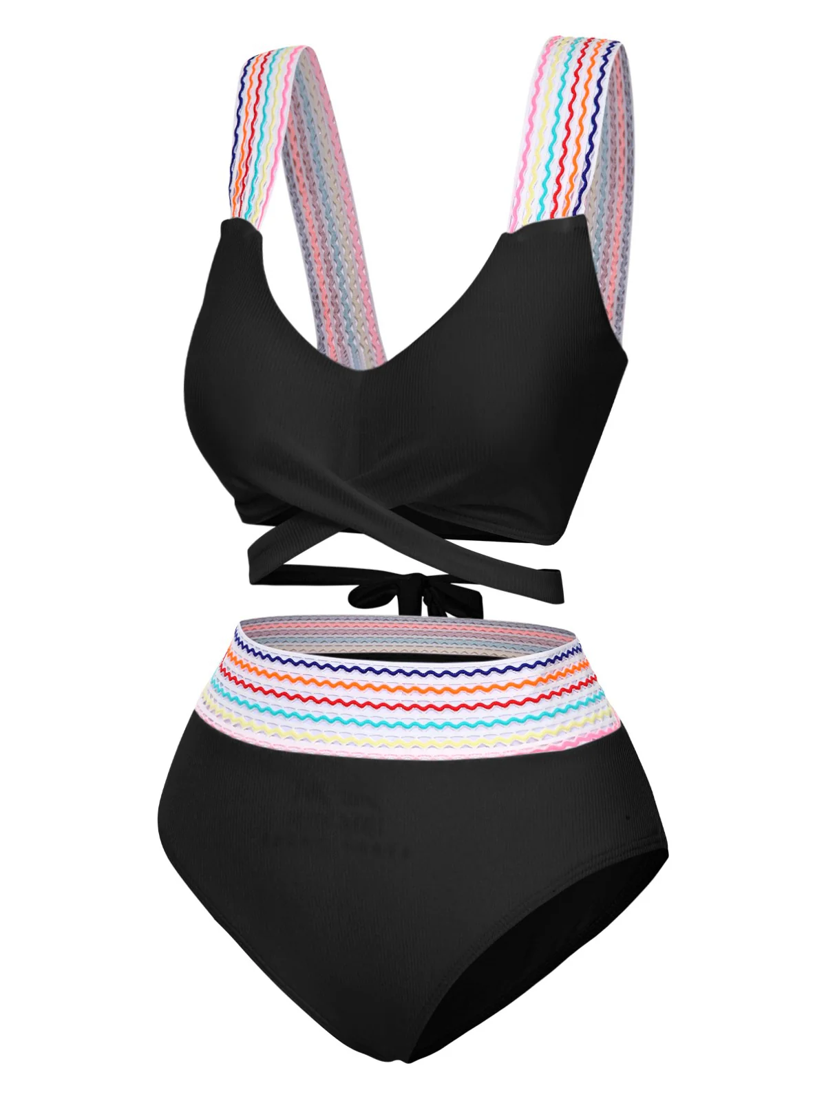 1940s Rainbow Lace-Up Patchwork Strap Bikini Set - Image 2