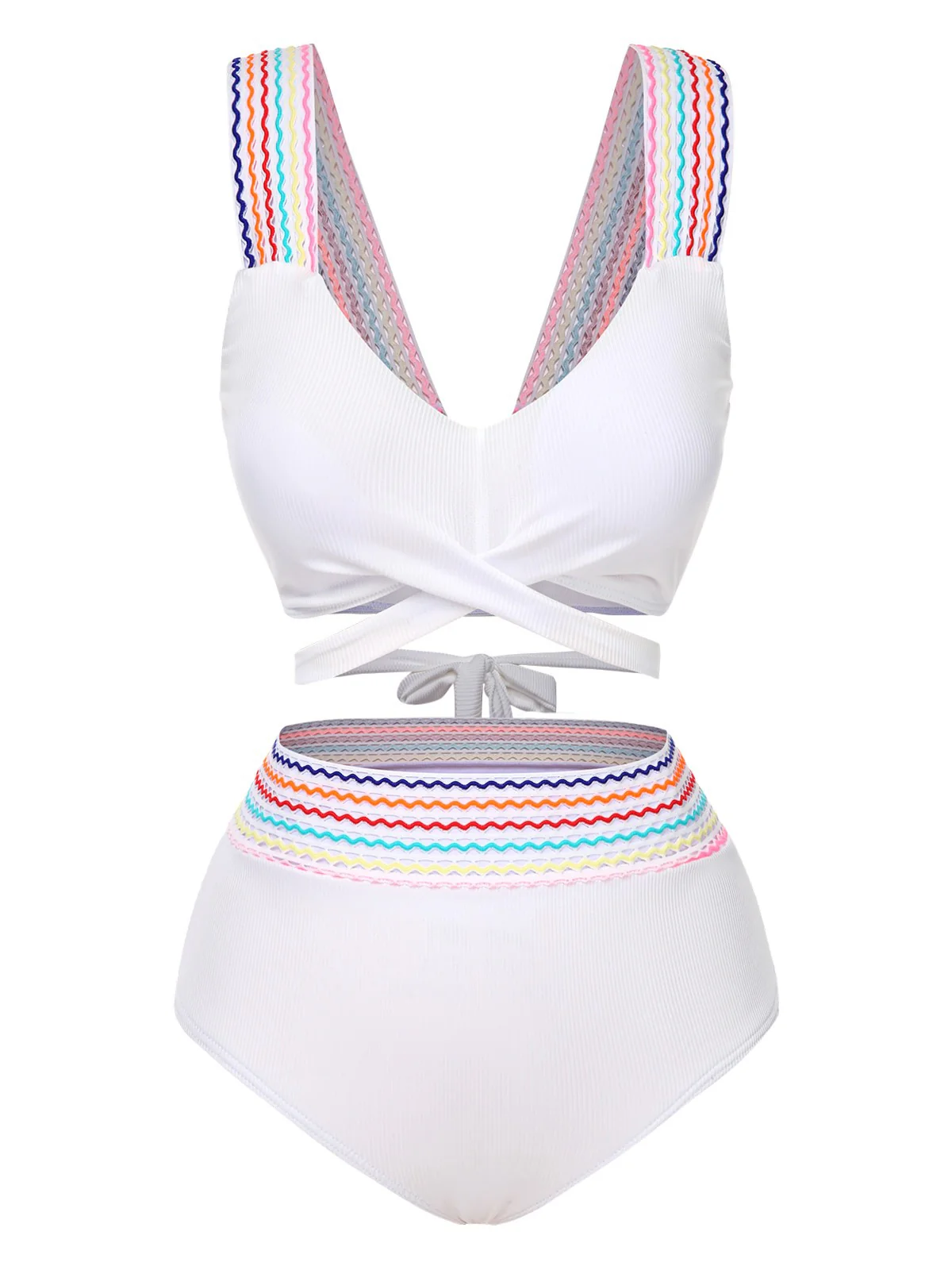 1940s Rainbow Lace-Up Patchwork Strap Bikini Set - Image 4