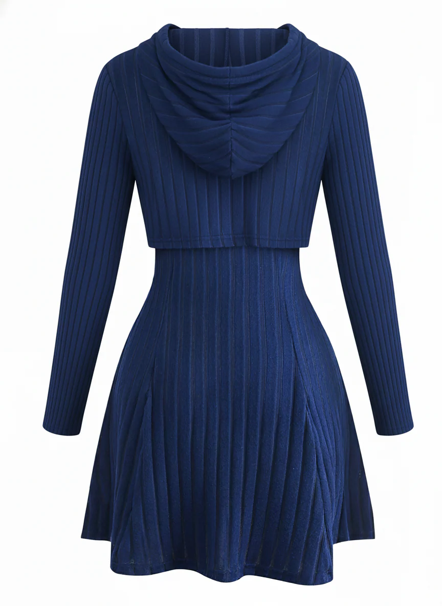 2PCS 1940s Ribbed Knit Cut-Out Hoodie Dress - Image 2