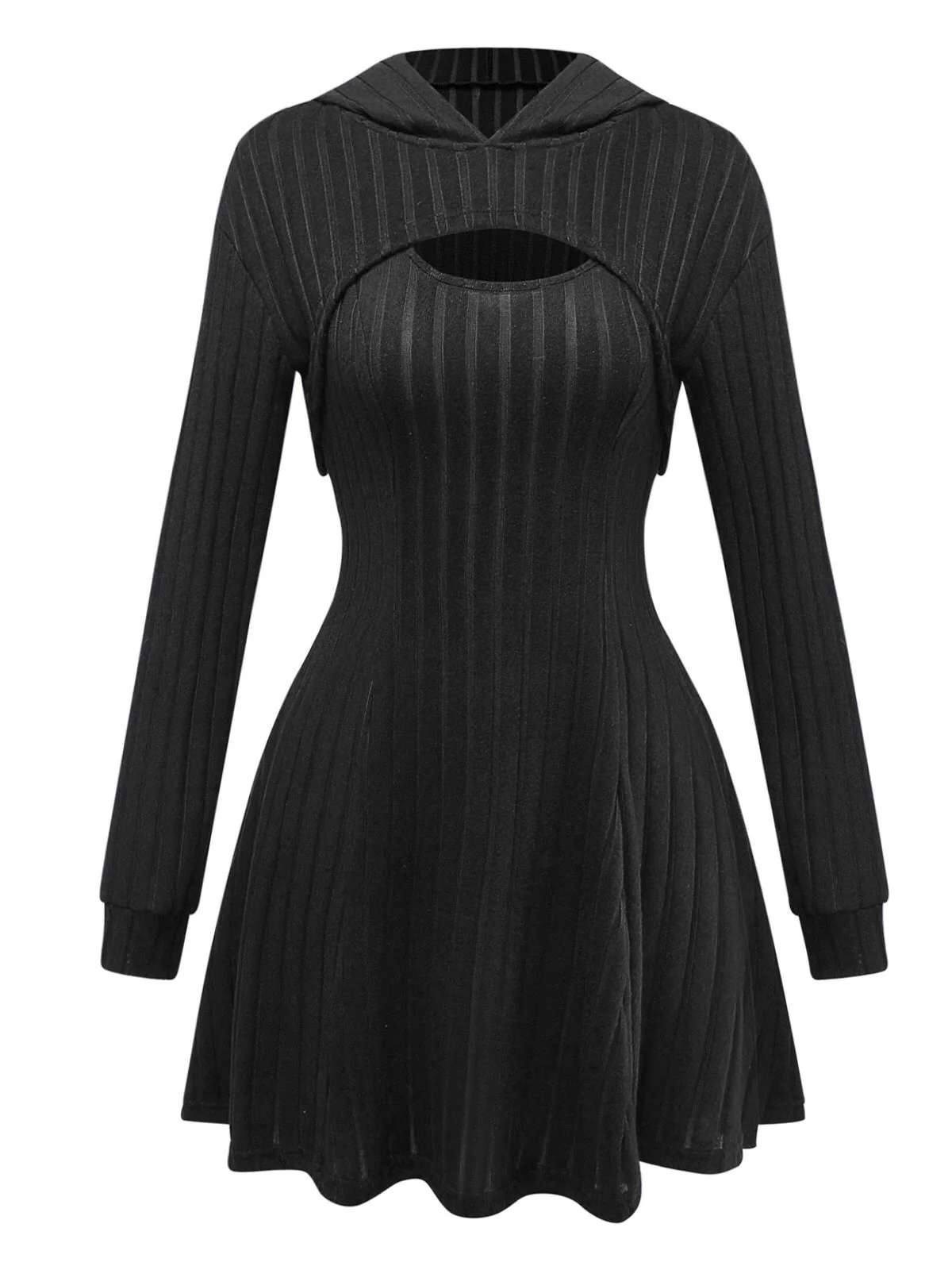 2PCS 1940s Ribbed Knit Cut-Out Hoodie Dress - Image 6