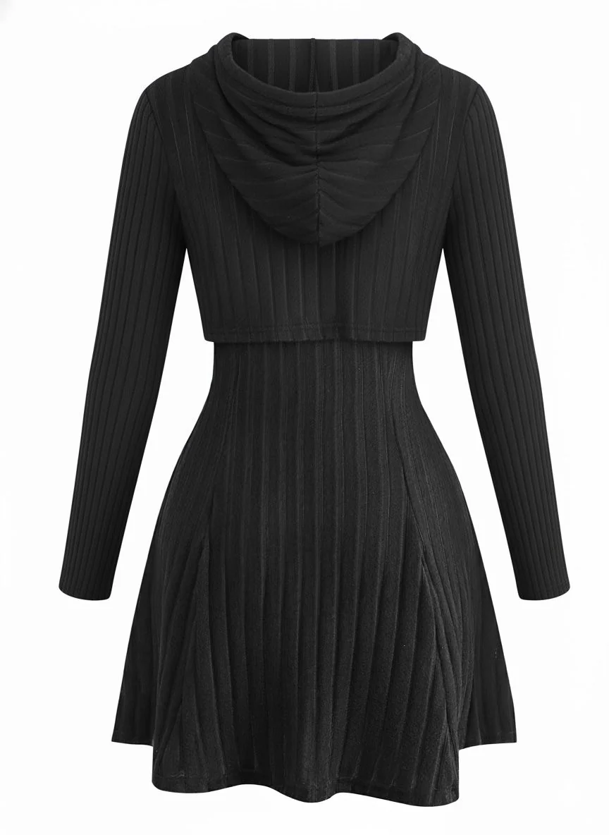 2PCS 1940s Ribbed Knit Cut-Out Hoodie Dress - Image 7