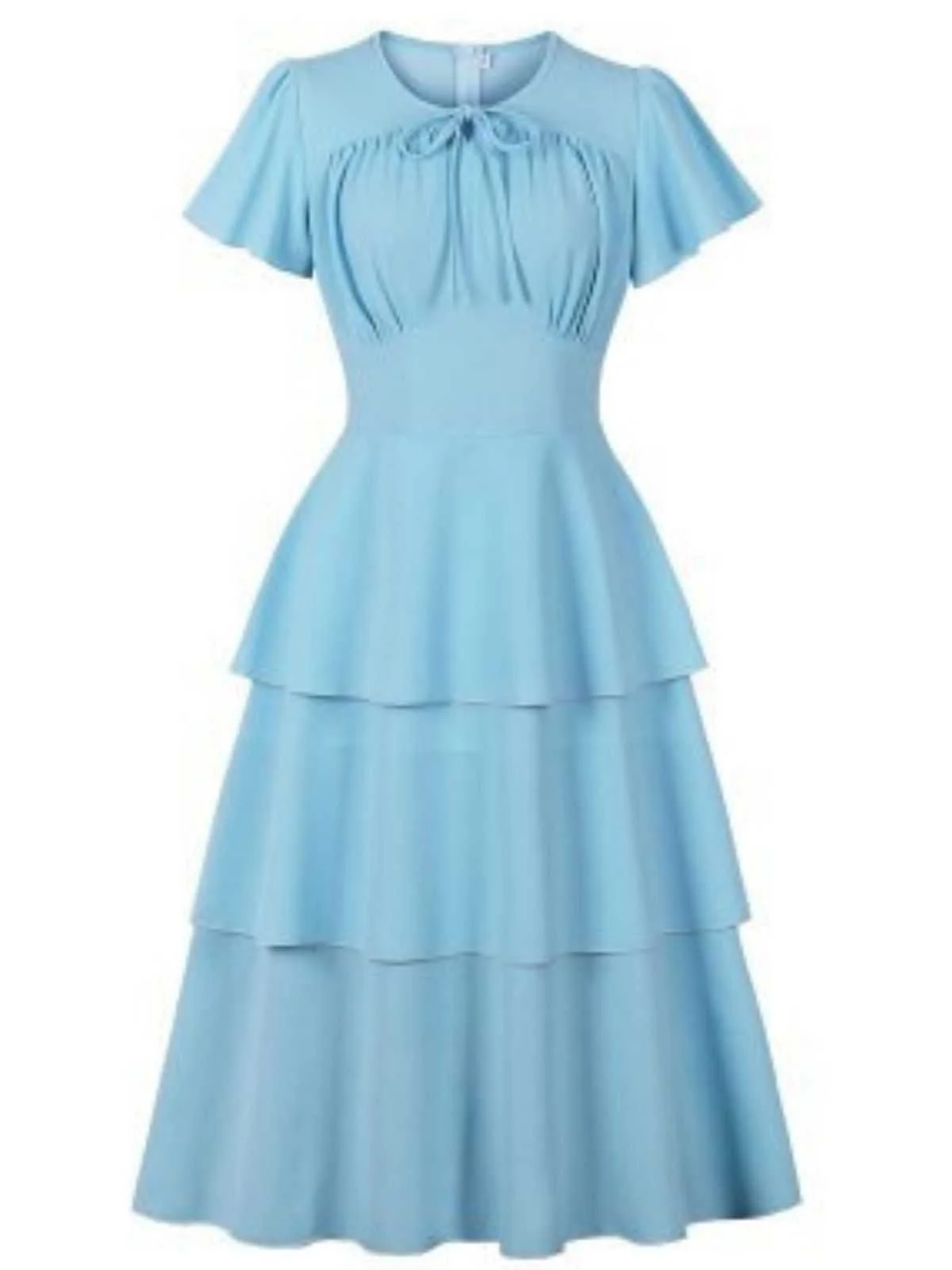 1940s Round Neck Bow Solid Tiered Dress - Image 5