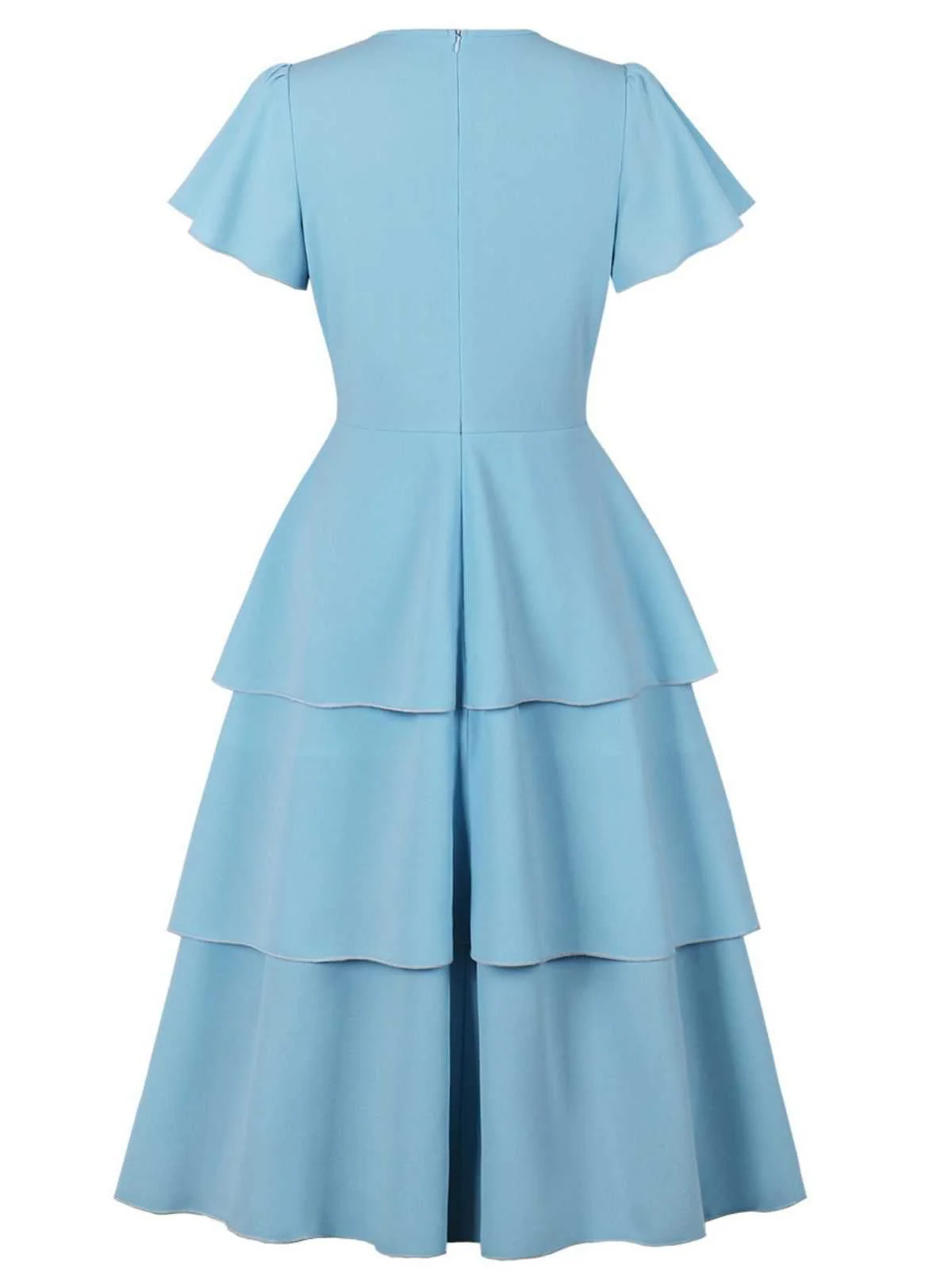 1940s Round Neck Bow Solid Tiered Dress - Image 6