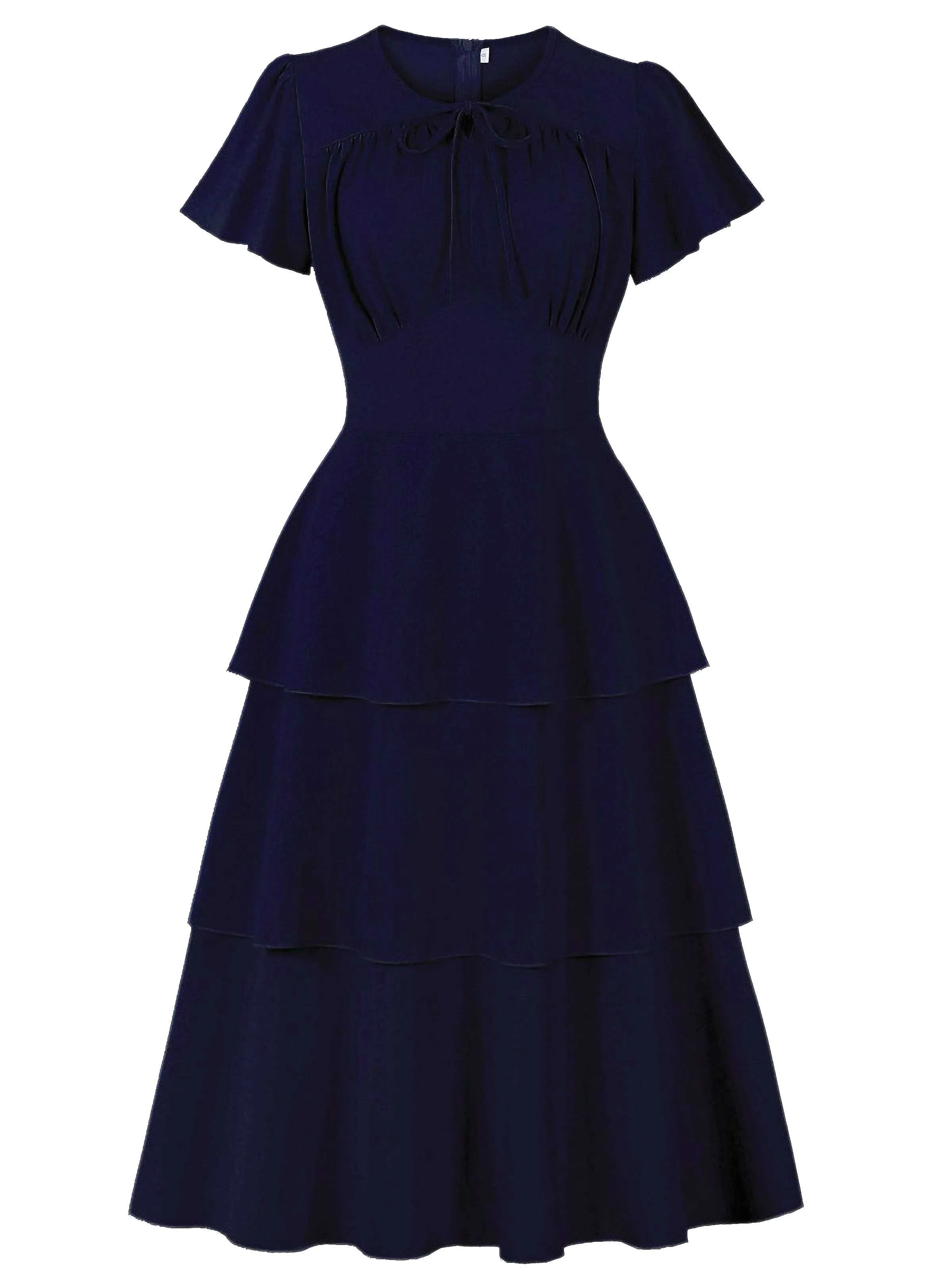 1940s Round Neck Bow Solid Tiered Dress - Image 9