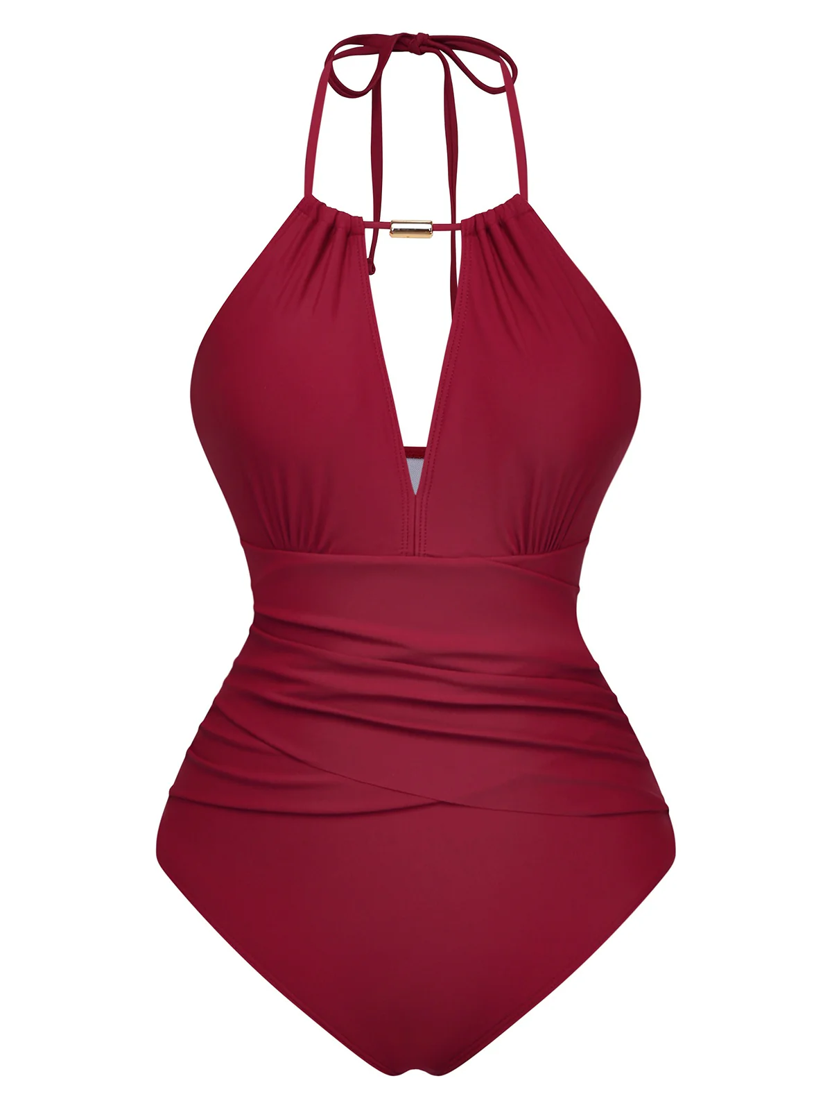 1940s Ruched Deep-V Halter One-Piece Swimsuit - Image 2