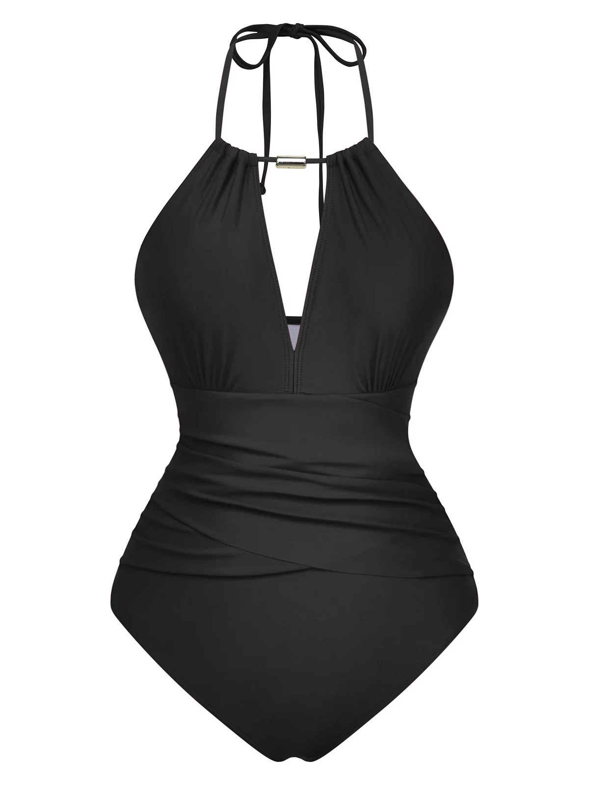 1940s Ruched Deep-V Halter One-Piece Swimsuit - Image 7