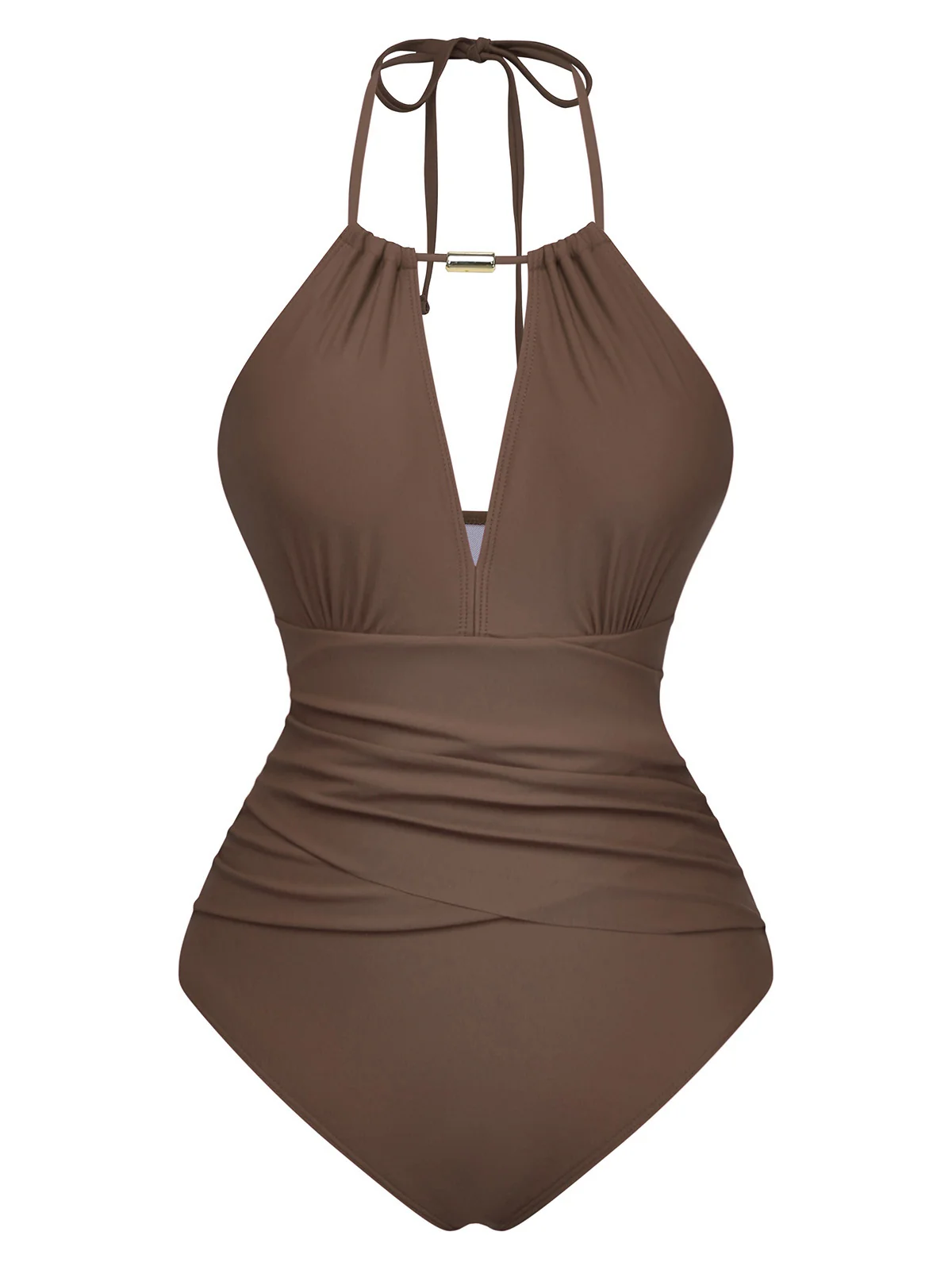 1940s Ruched Deep-V Halter One-Piece Swimsuit - Image 9