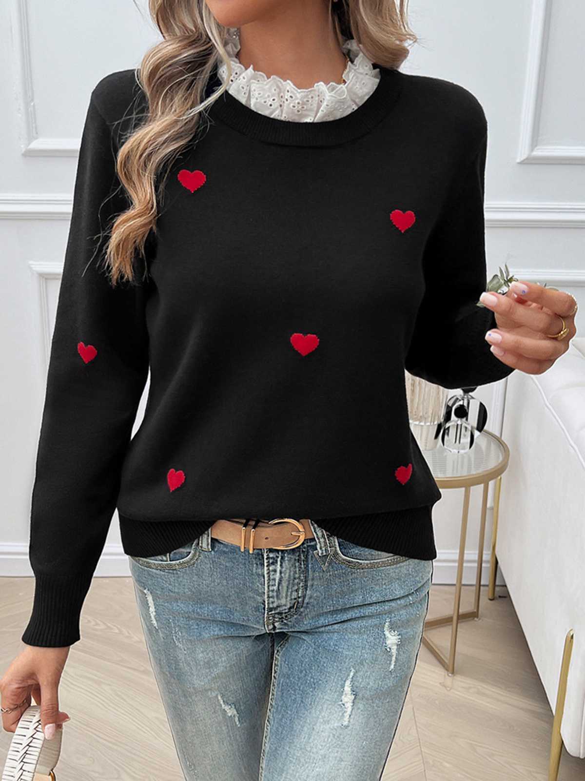 1940s Ruffles Heart Embroidered Sweater - Image 4