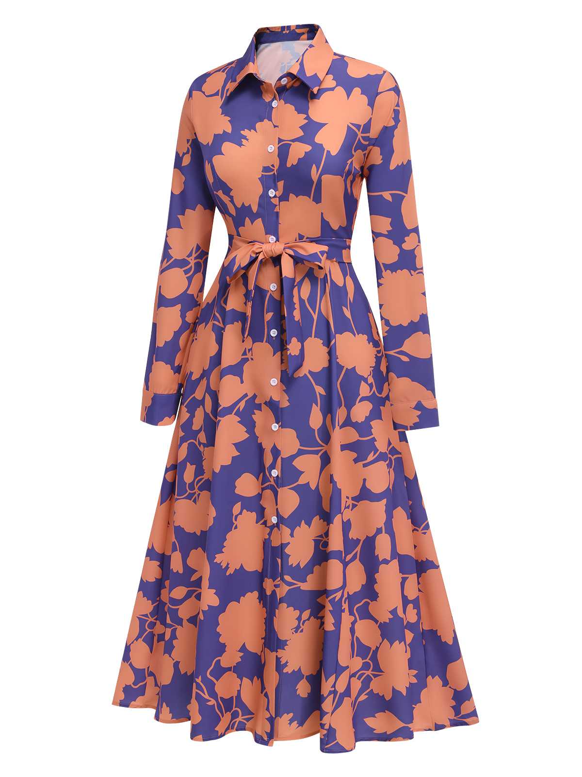 1940s Shirt Neck Floral Belted Dress - Image 2