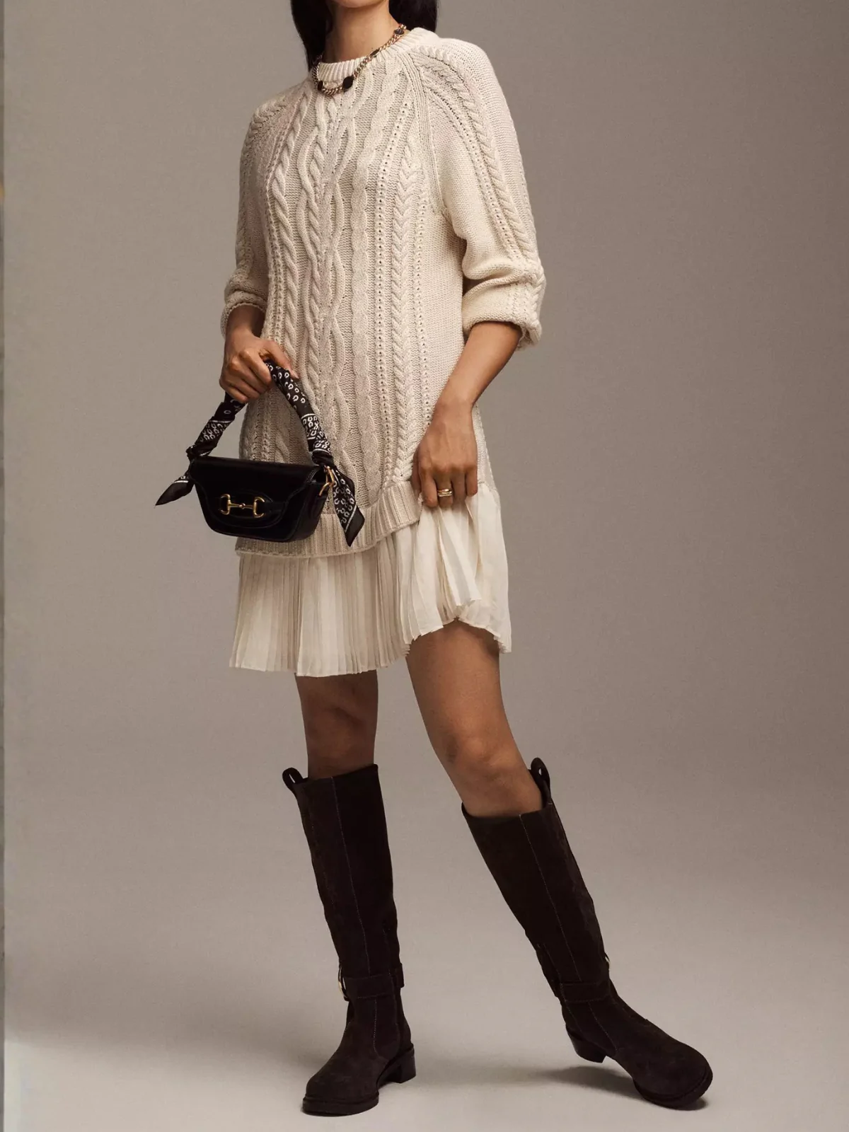 1940s Solid Cable Knit Pleated Hem Sweater Dress - Image 3