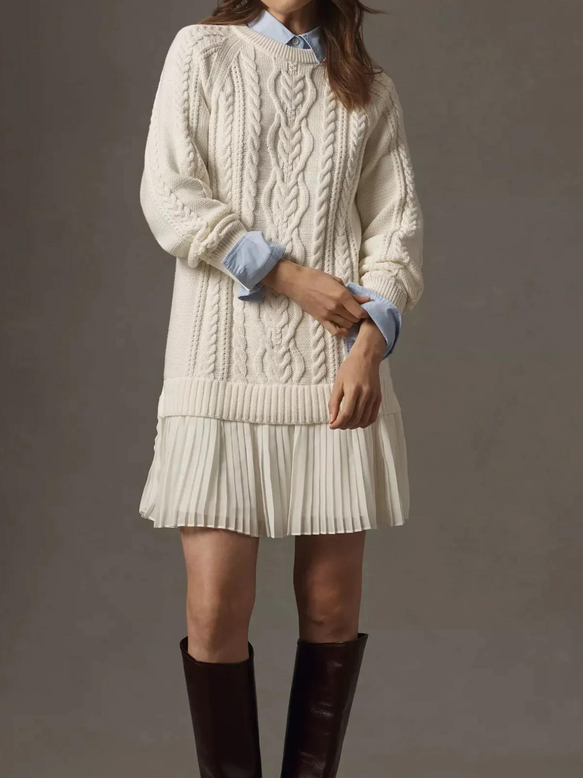 1940s Solid Cable Knit Pleated Hem Sweater Dress - Image 4
