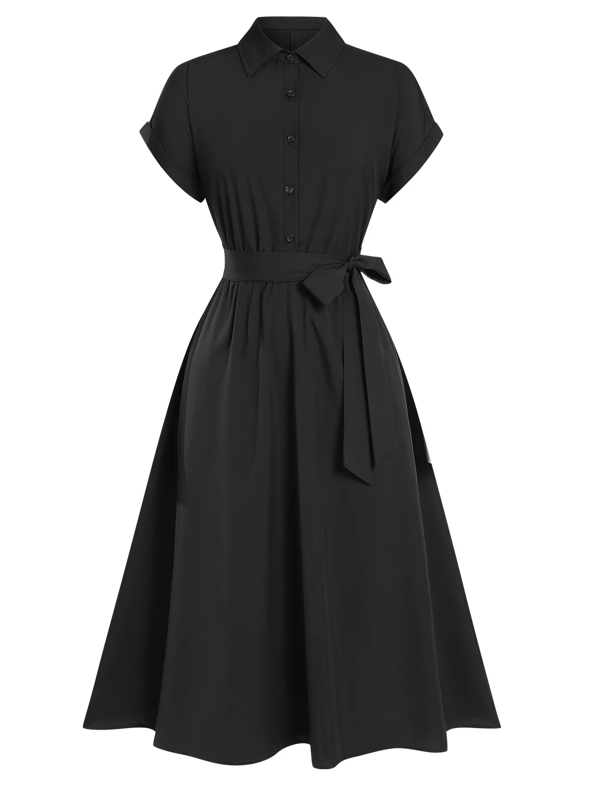 1940s Solid Cap Sleeves Buttoned Shirt Dress - Image 11