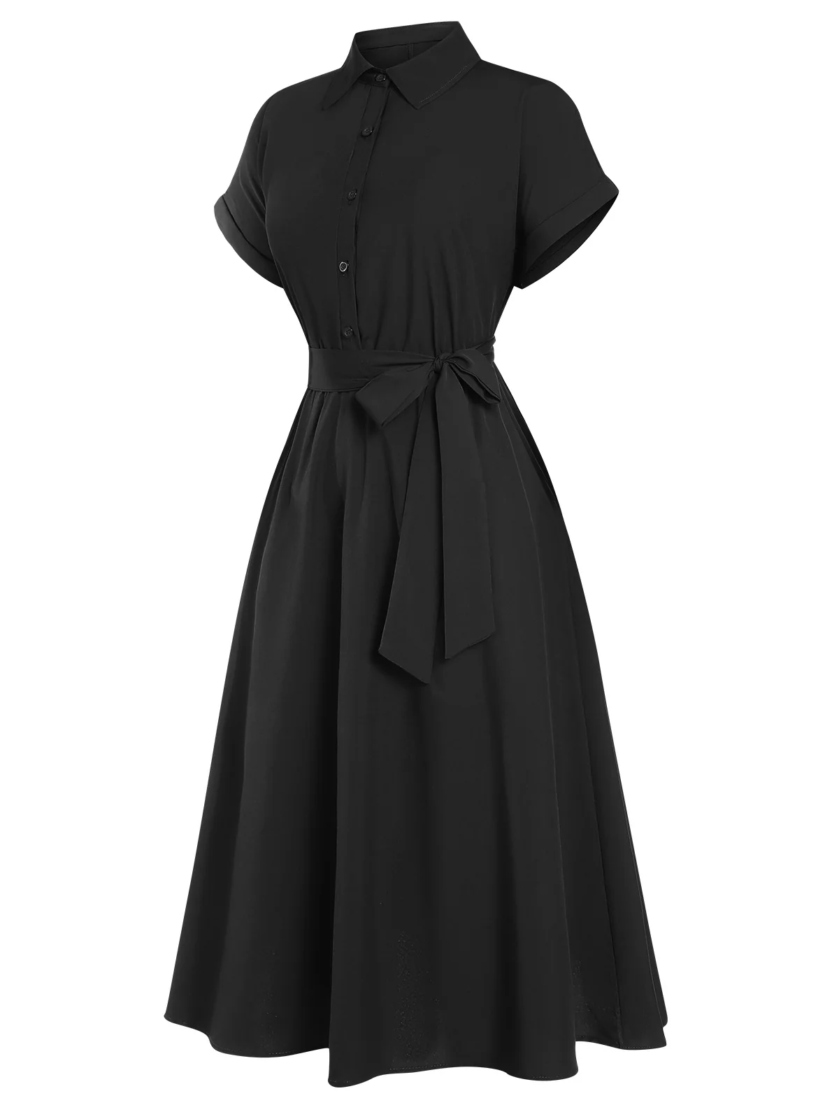 1940s Solid Cap Sleeves Buttoned Shirt Dress - Image 12