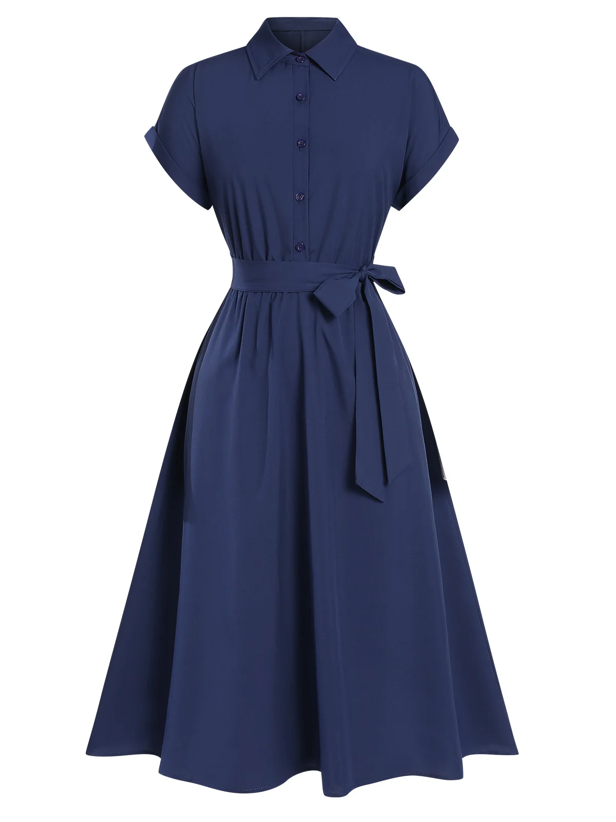 1940s Solid Cap Sleeves Buttoned Shirt Dress - Image 6