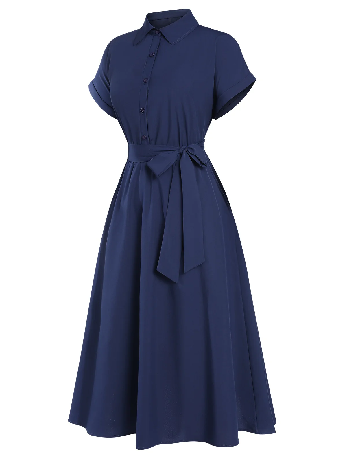 1940s Solid Cap Sleeves Buttoned Shirt Dress - Image 7