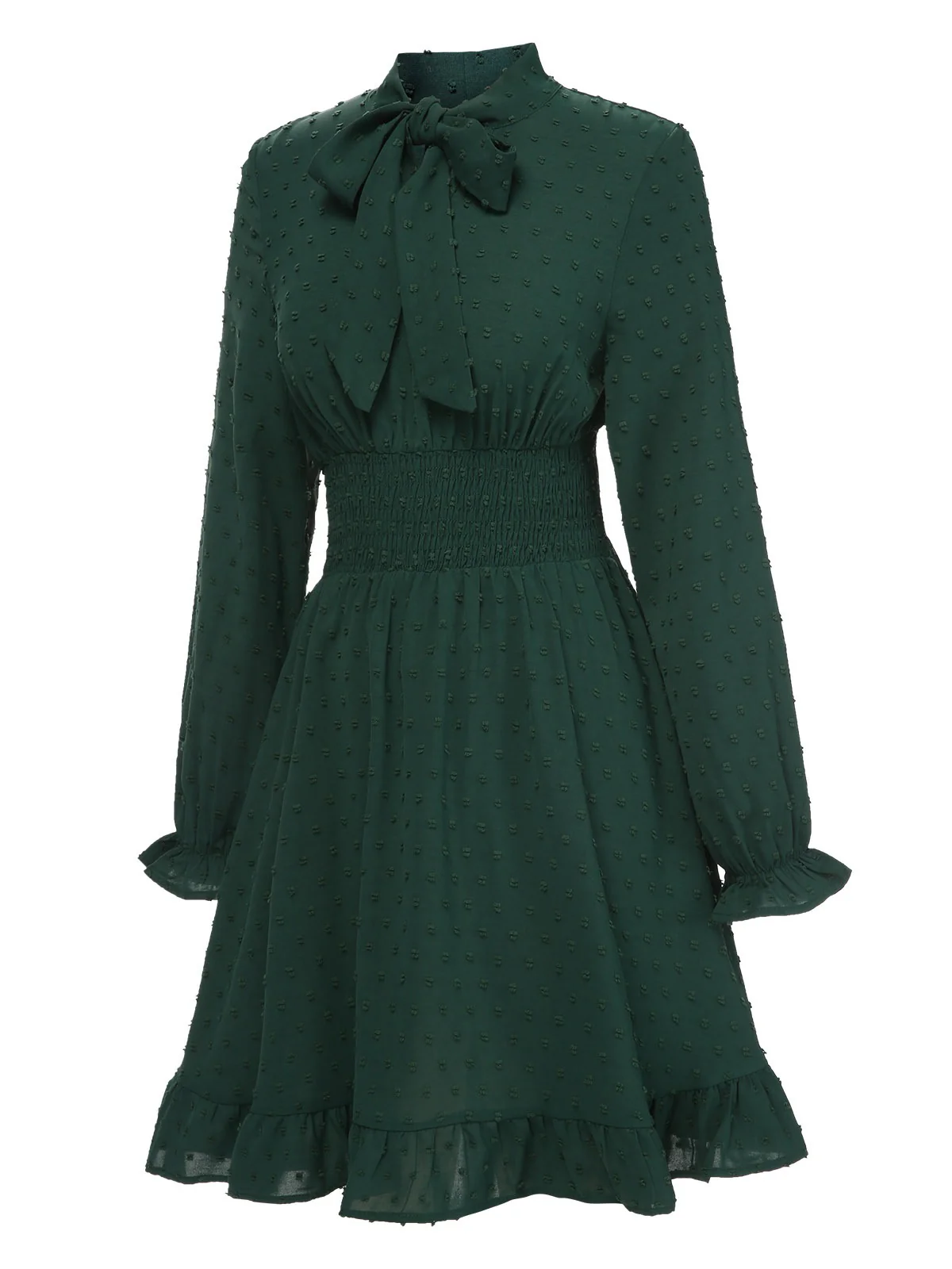 Green 1940s Solid Textured Bow Collar Dress - Image 2