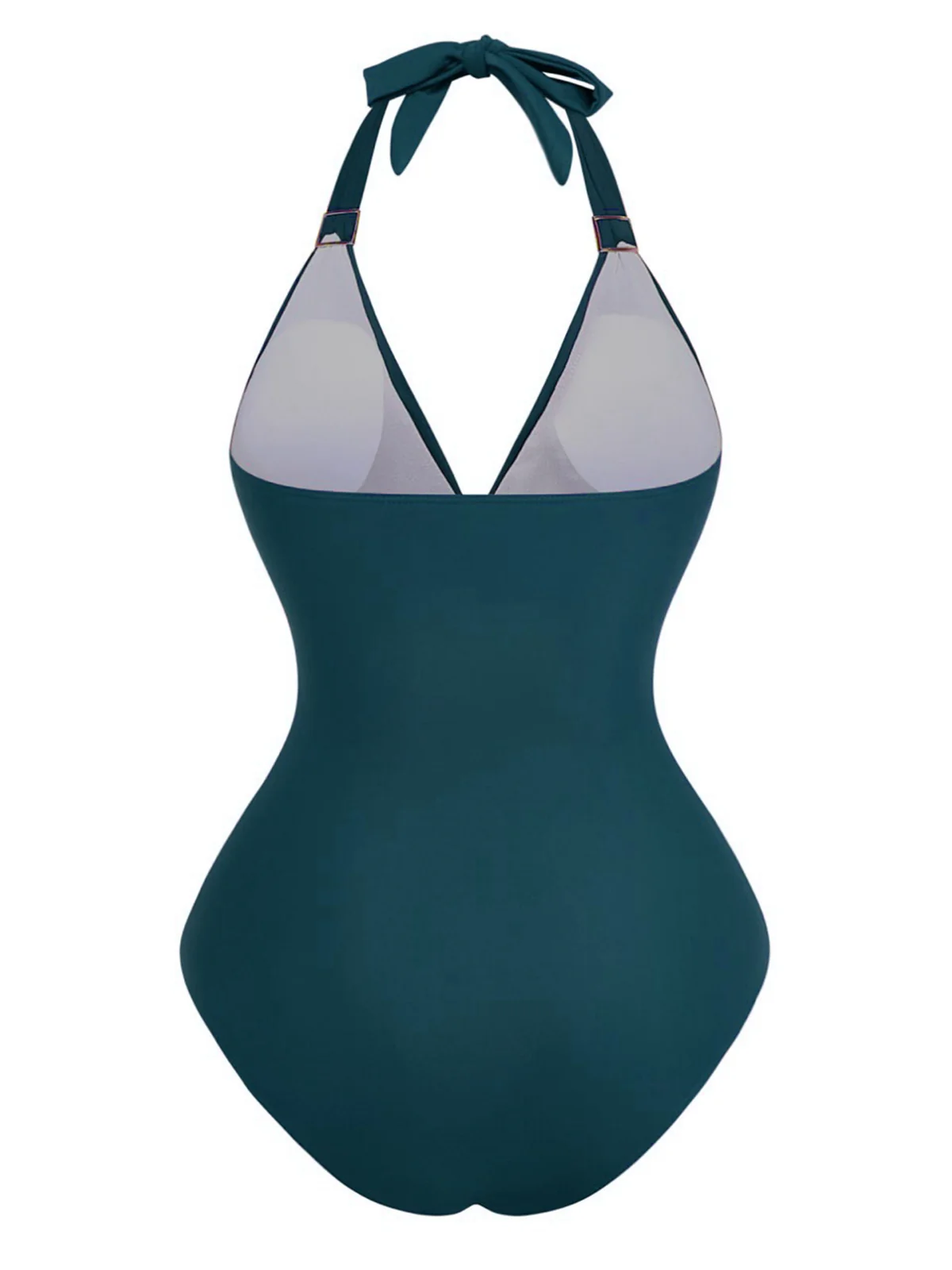 1940s Solid Deep V Halter Ruched One-Piece Swimsuit - Image 10