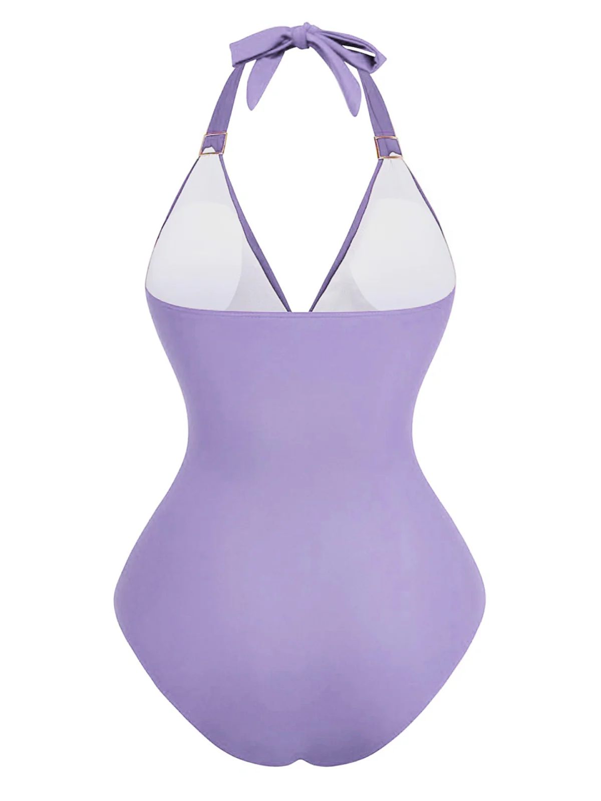 1940s Solid Deep V Halter Ruched One-Piece Swimsuit - Image 12