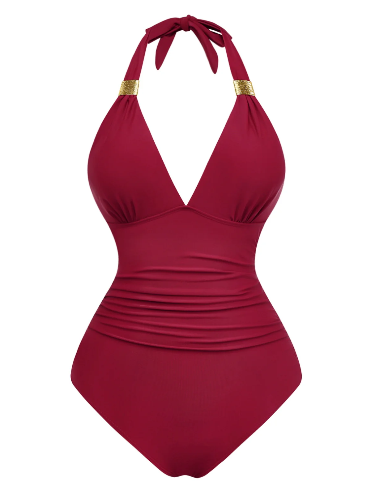 1940s Solid Deep V Halter Ruched One-Piece Swimsuit - Image 2