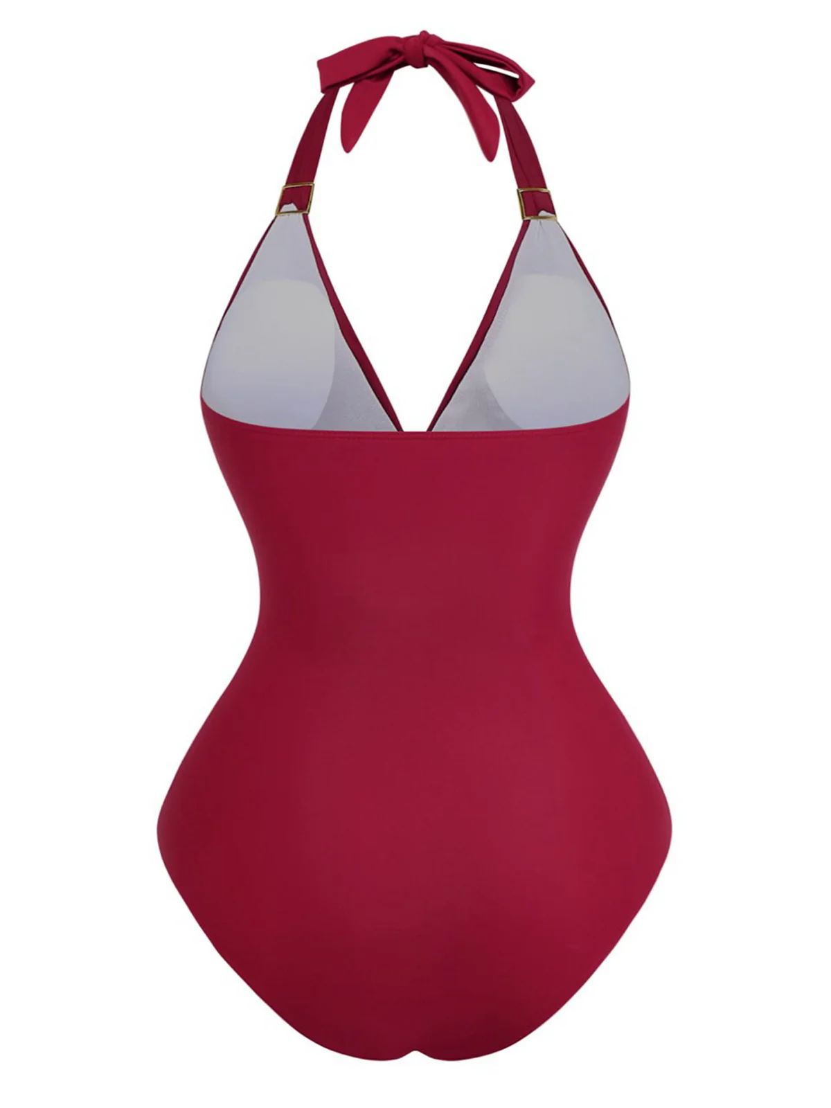 1940s Solid Deep V Halter Ruched One-Piece Swimsuit - Image 3