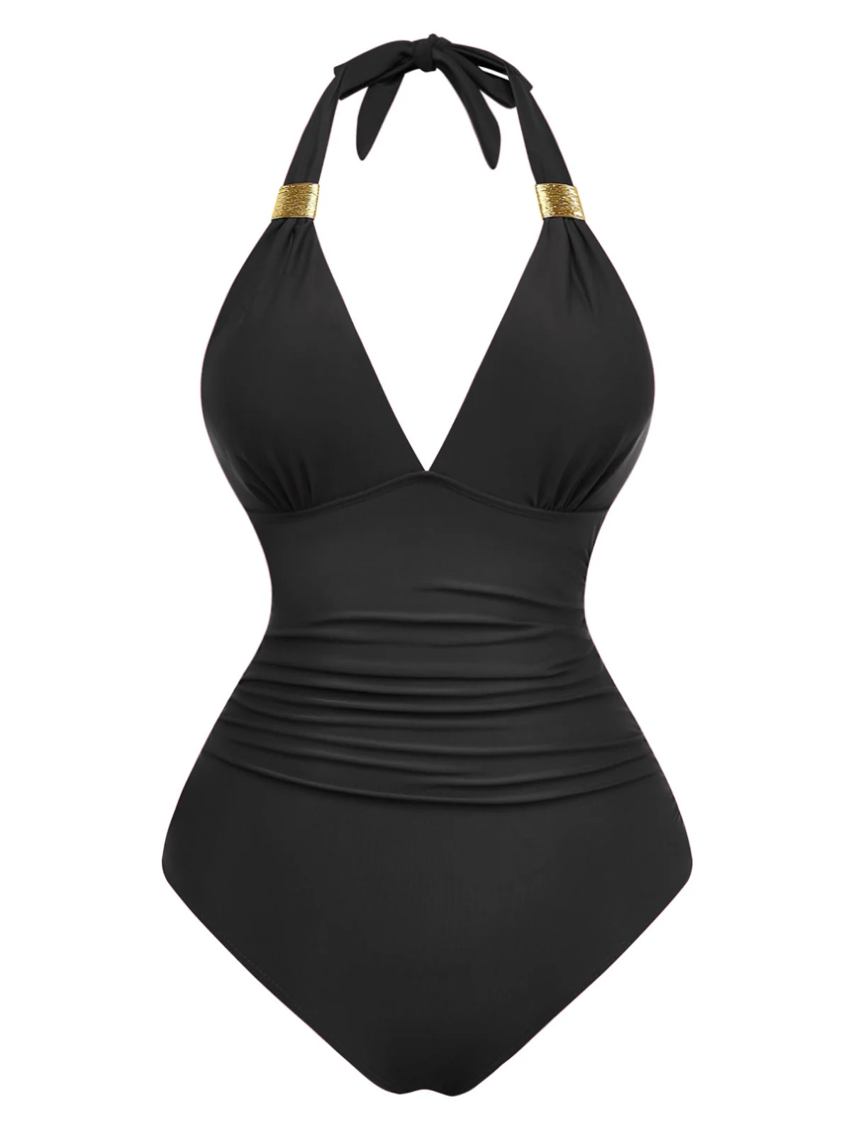 1940s Solid Deep V Halter Ruched One-Piece Swimsuit - Image 7
