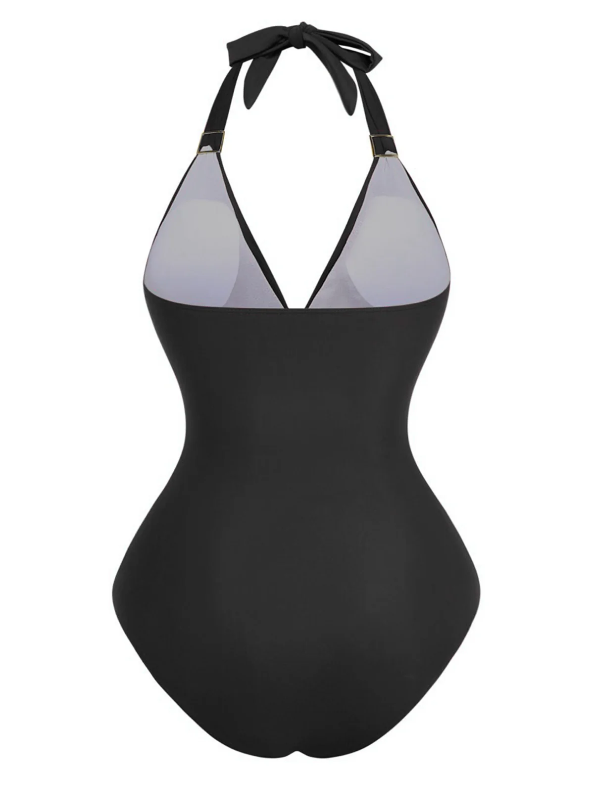 1940s Solid Deep V Halter Ruched One-Piece Swimsuit - Image 8