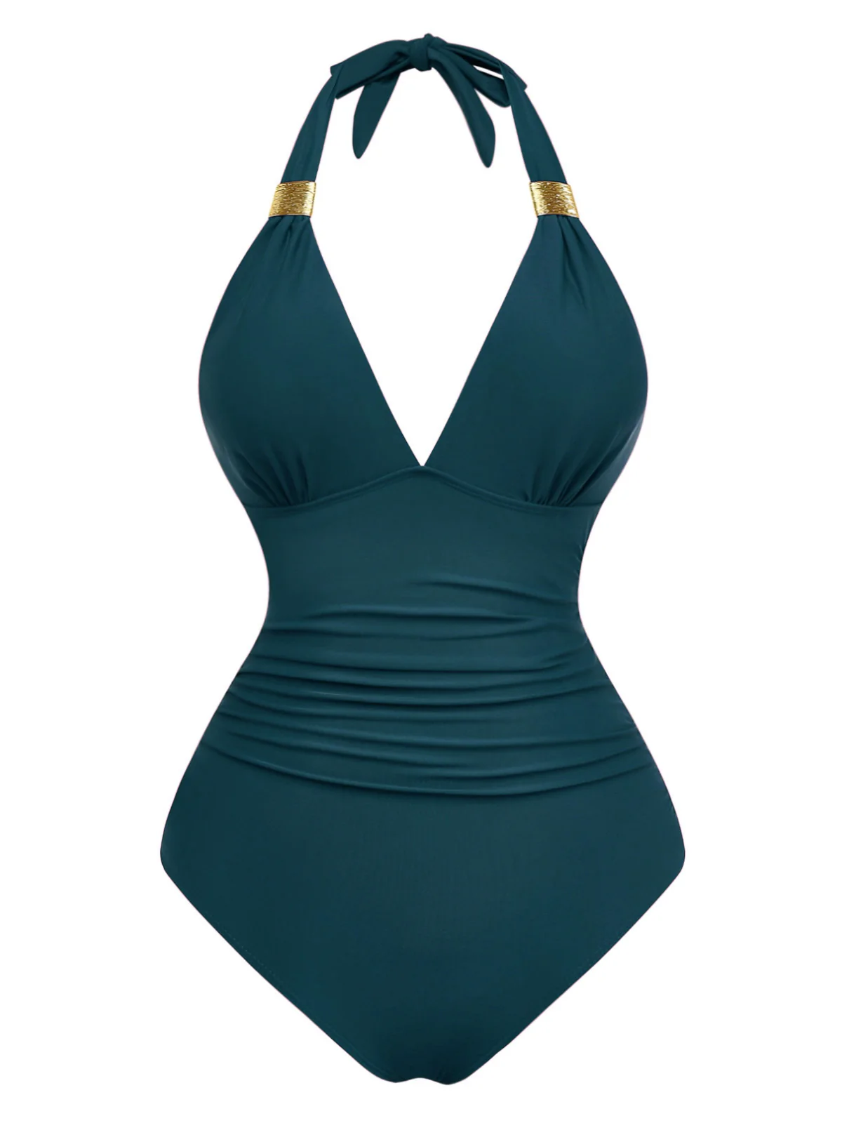 1940s Solid Deep V Halter Ruched One-Piece Swimsuit - Image 9