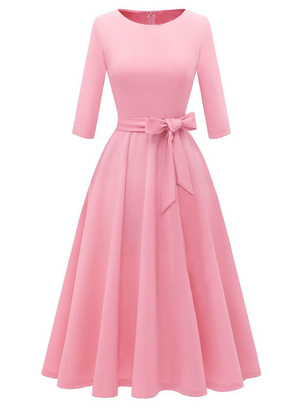 1940s Solid Fit Bow 3/4 Sleeves Swing Dress - Image 2