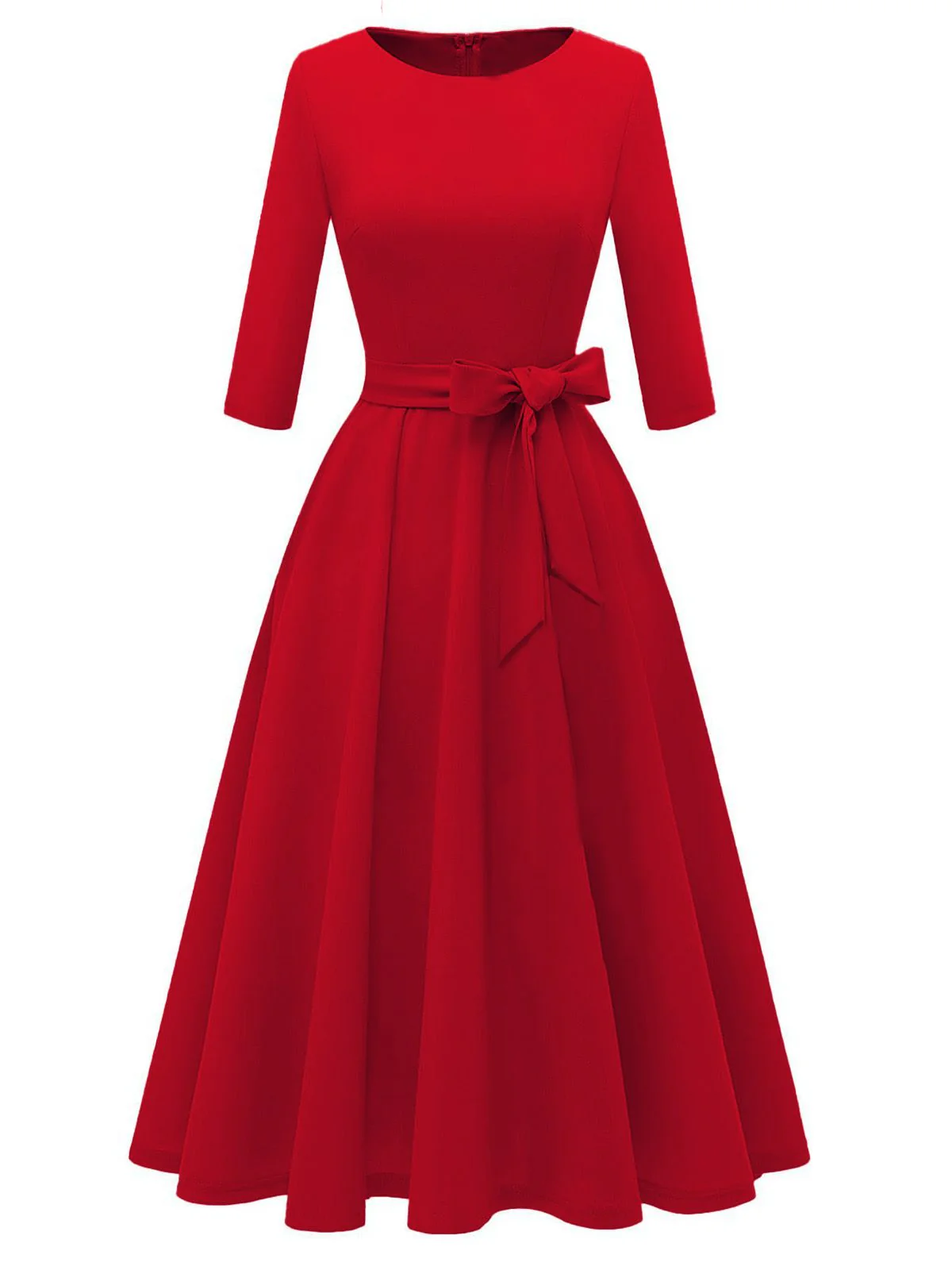 1940s Solid Fit Bow 3/4 Sleeves Swing Dress - Image 6