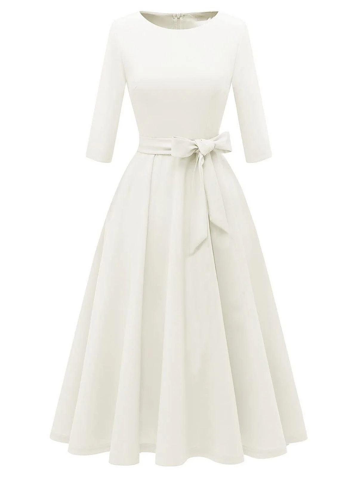 1940s Solid Fit Bow 3/4 Sleeves Swing Dress - Image 8