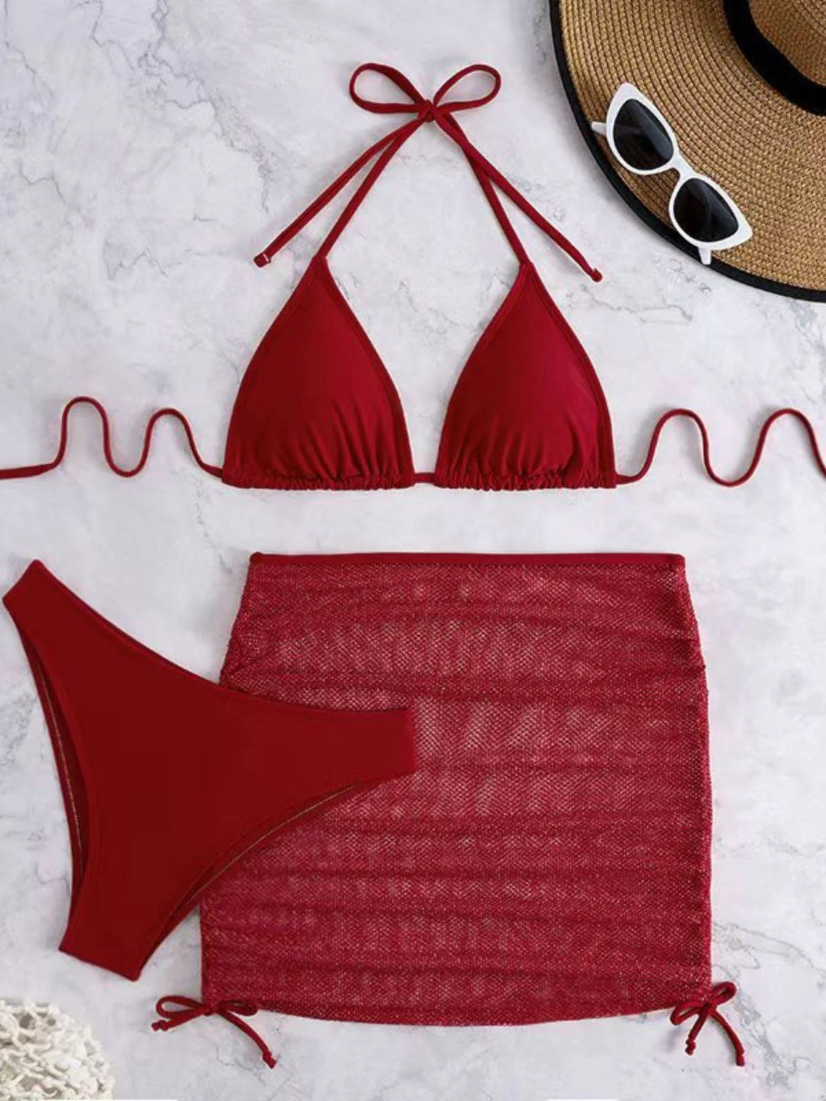 1940s Solid Halter Bikini Set & Crochet Cover-Up - Image 3