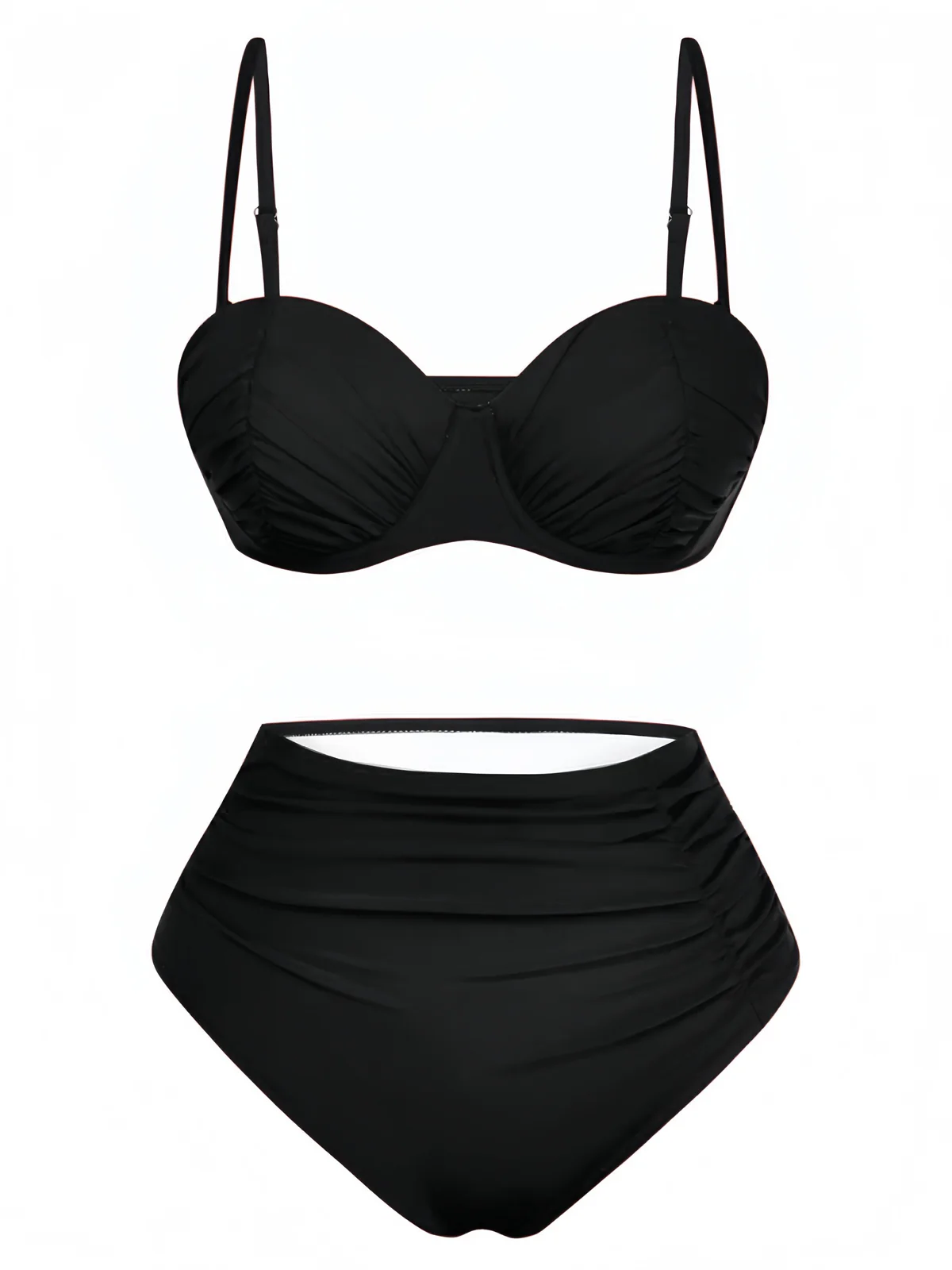 1940s Solid High-Waisted Ruched Bikini Set - Image 10