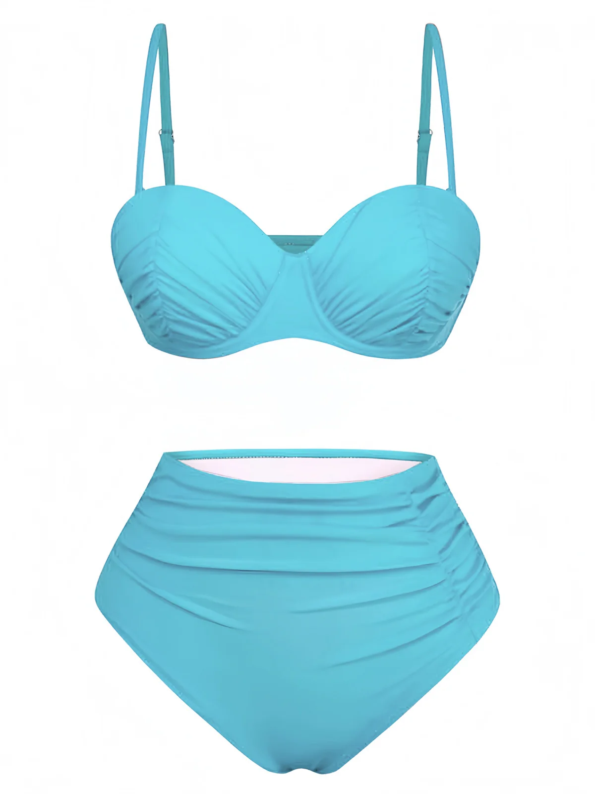1940s Solid High-Waisted Ruched Bikini Set - Image 2