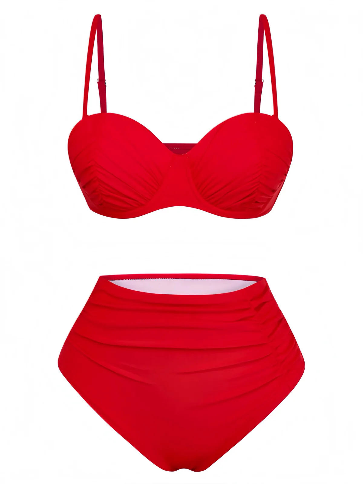 1940s Solid High-Waisted Ruched Bikini Set - Image 4