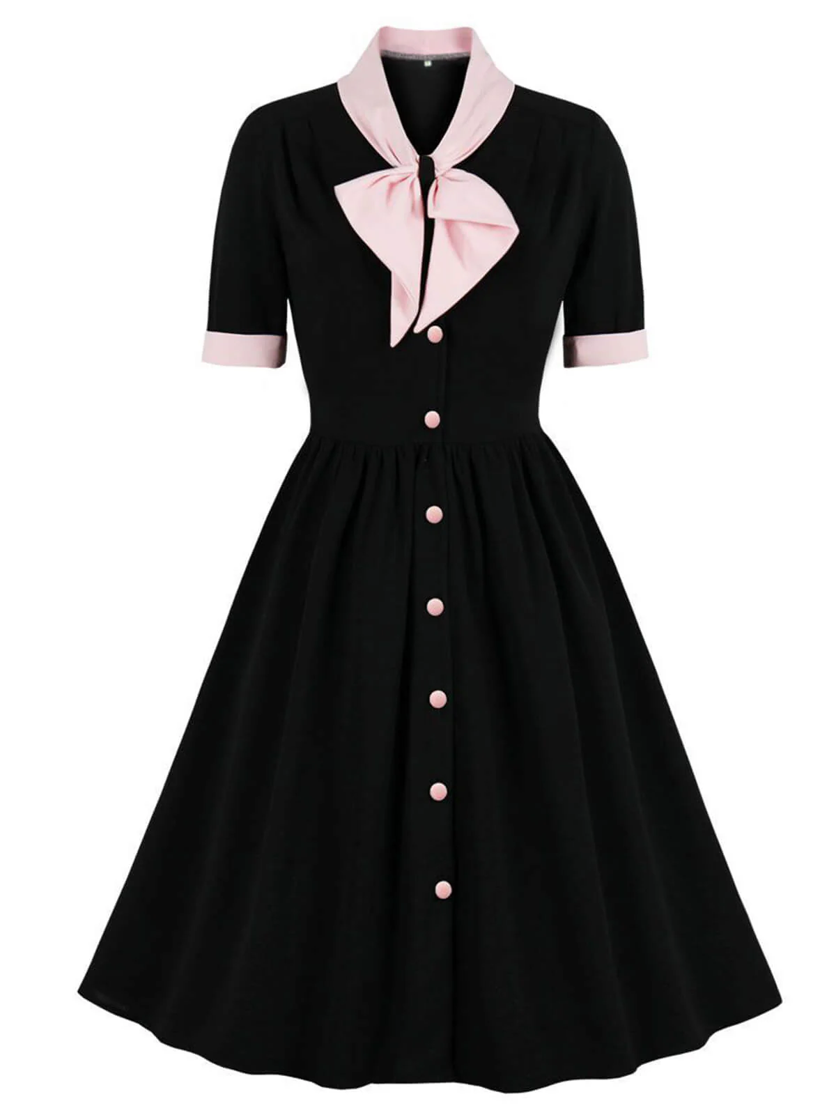 1940s Color Contrast Button Lapel Bow Dress - Image 4