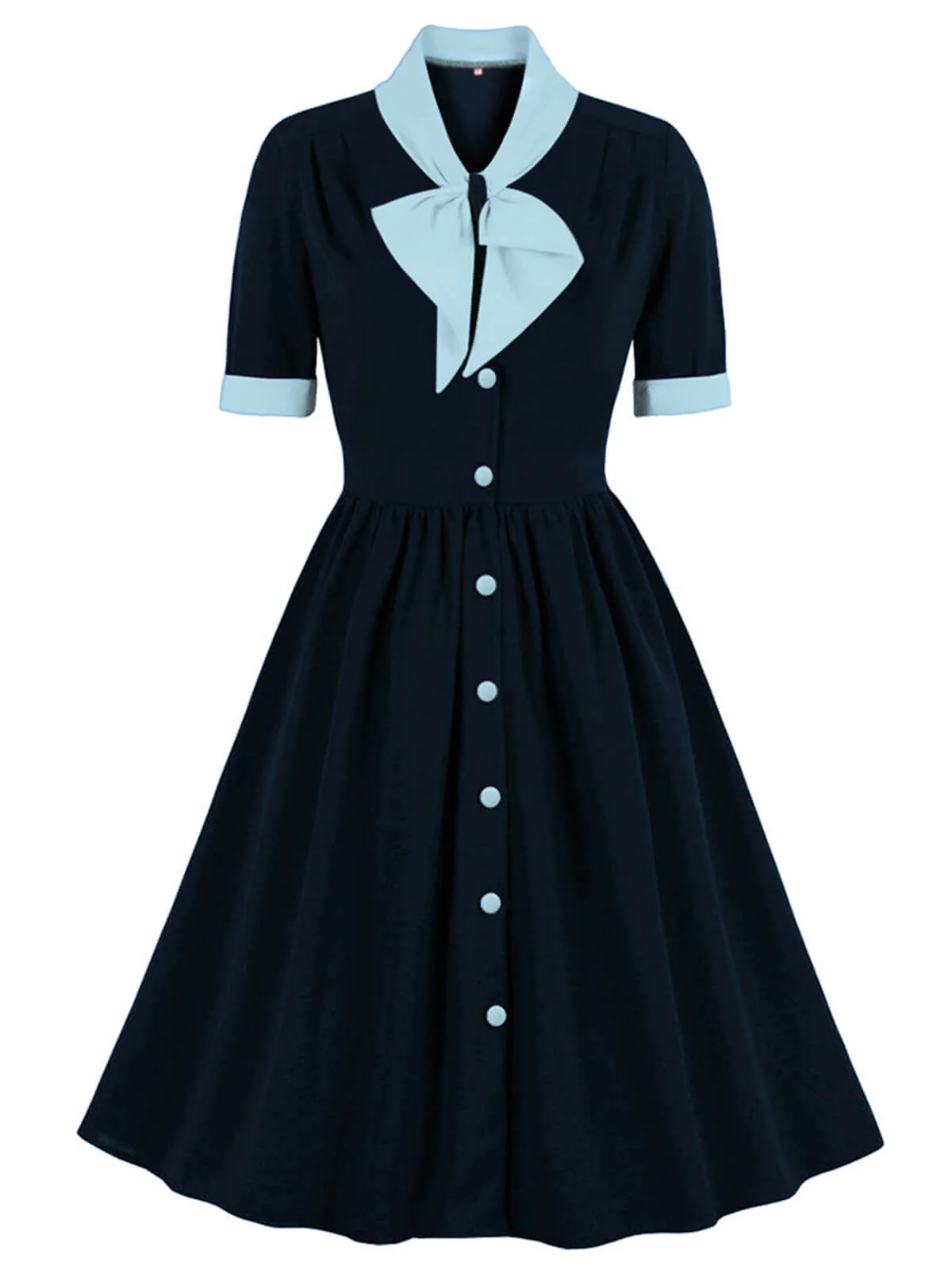 1940s Color Contrast Button Lapel Bow Dress - Image 7