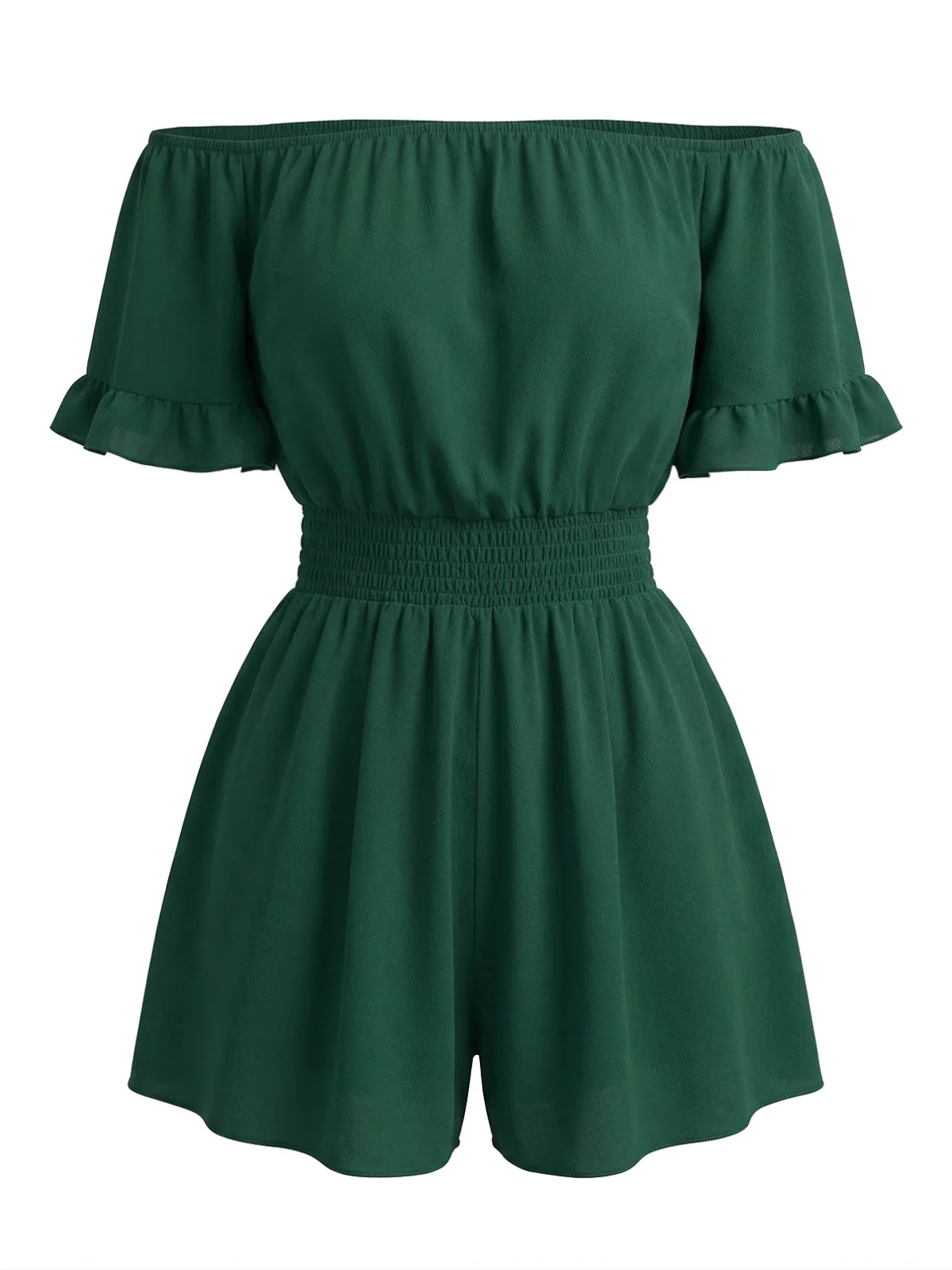 1940s Solid Off Shoulder Ruffle Sleeve Smocked Waist Romper - Image 2