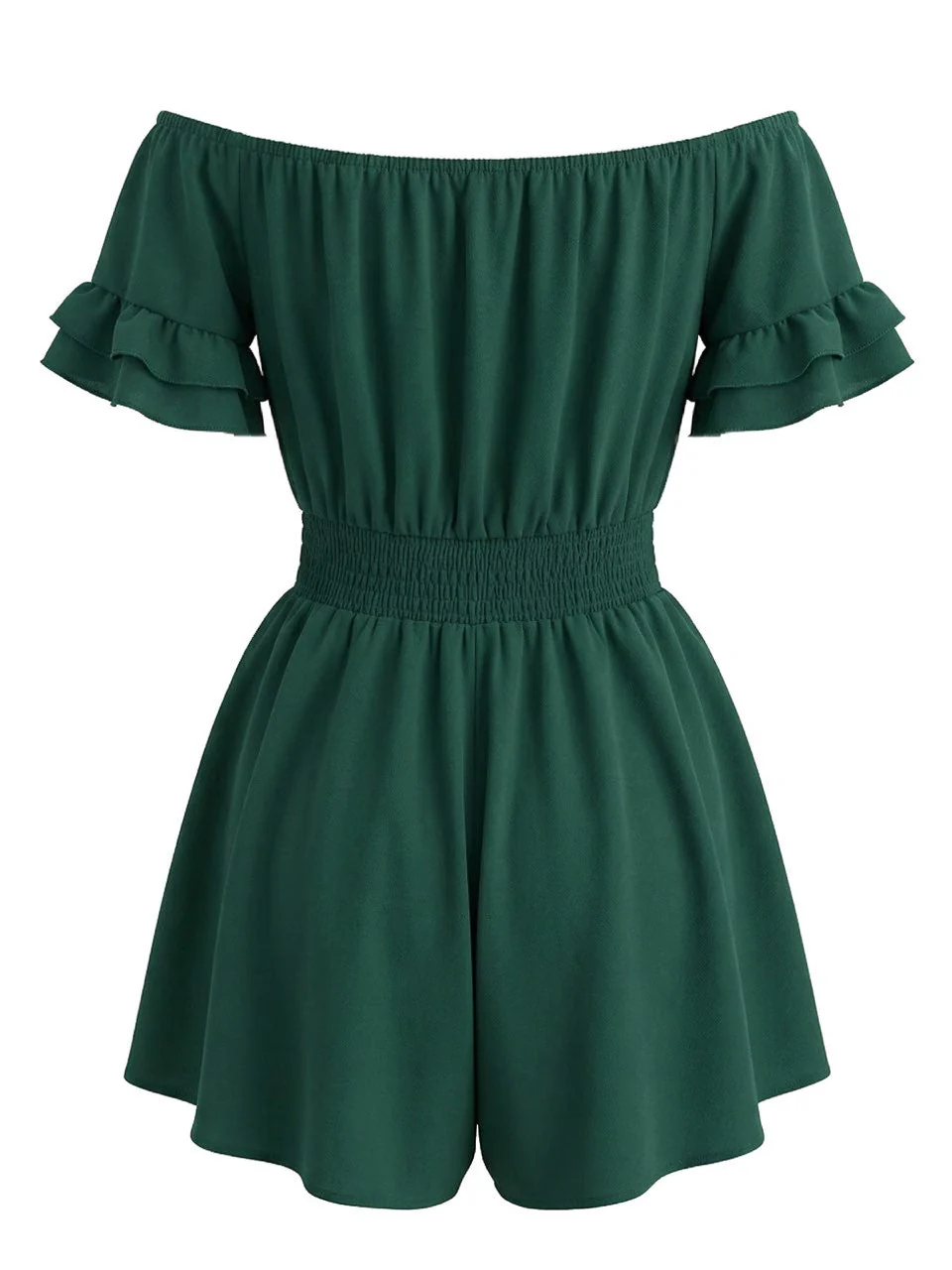 1940s Solid Off Shoulder Ruffle Sleeve Smocked Waist Romper - Image 3