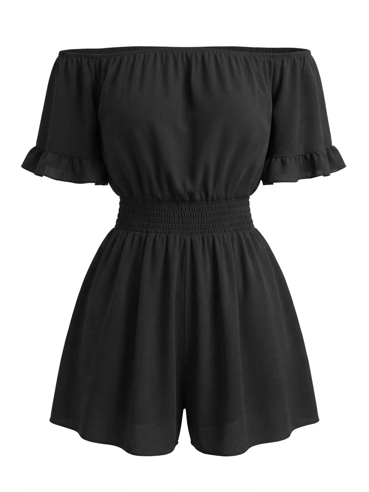 1940s Solid Off Shoulder Ruffle Sleeve Smocked Waist Romper - Image 4