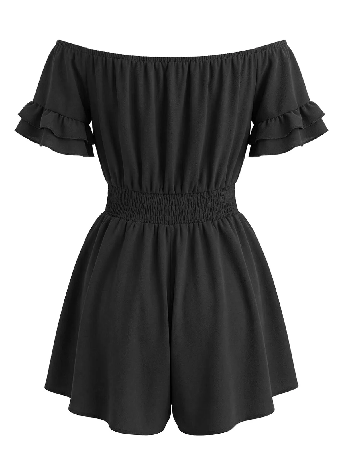 1940s Solid Off Shoulder Ruffle Sleeve Smocked Waist Romper - Image 5