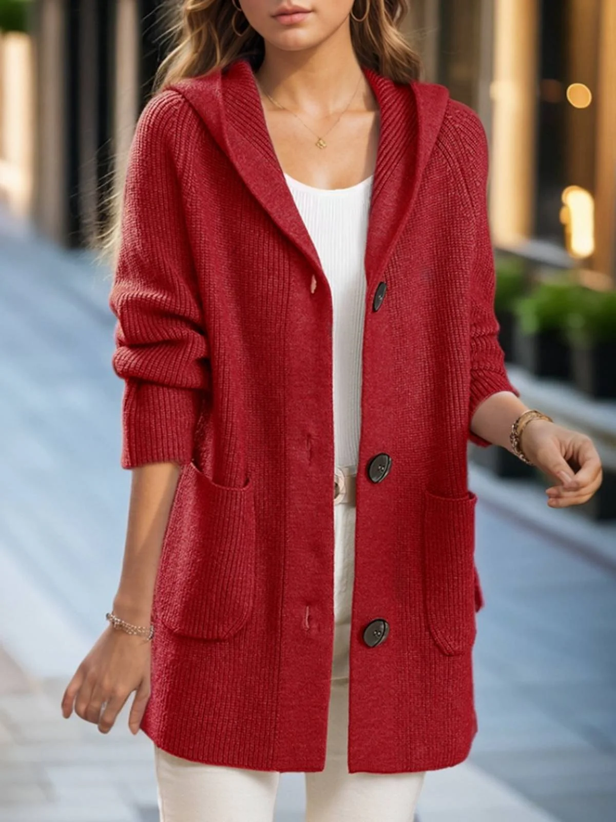 1940s Solid Pockets Knitted Hooded Coat - Image 2