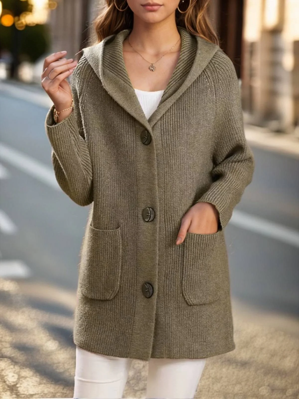 1940s Solid Pockets Knitted Hooded Coat - Image 4