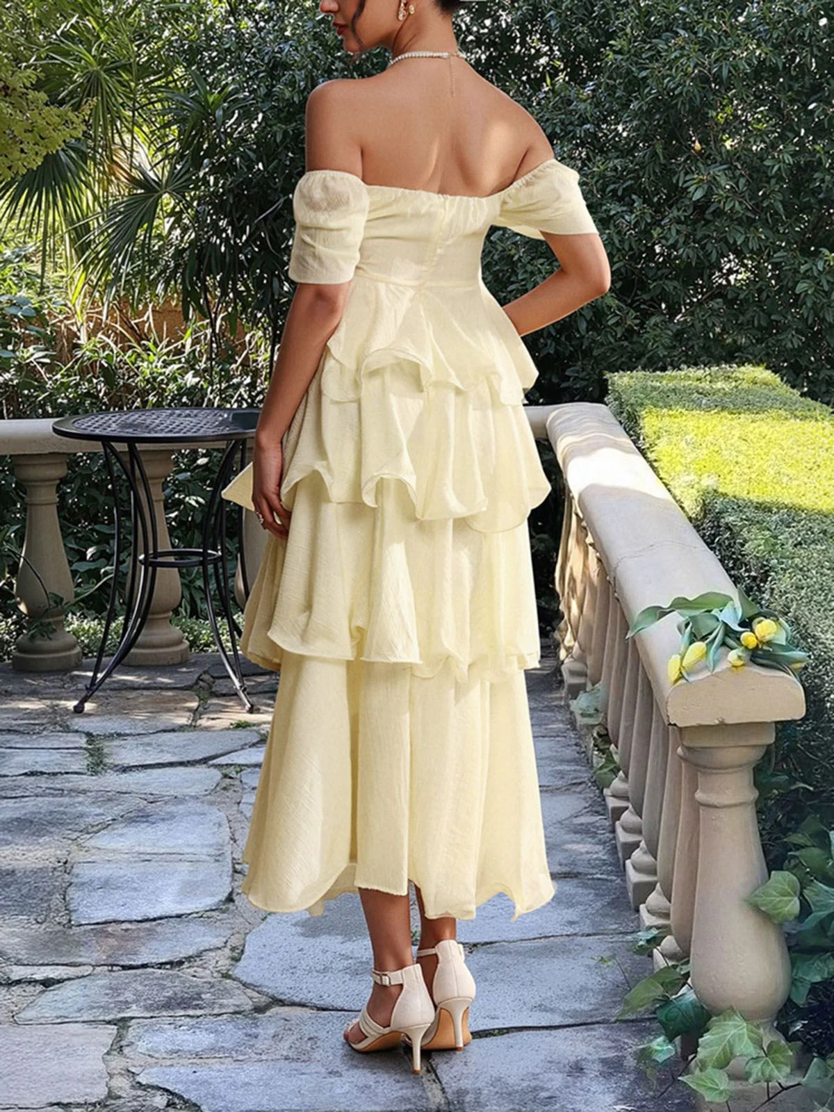 1940s Solid Puff Sleeve Ruffle Trim Tiered Dress - Image 3