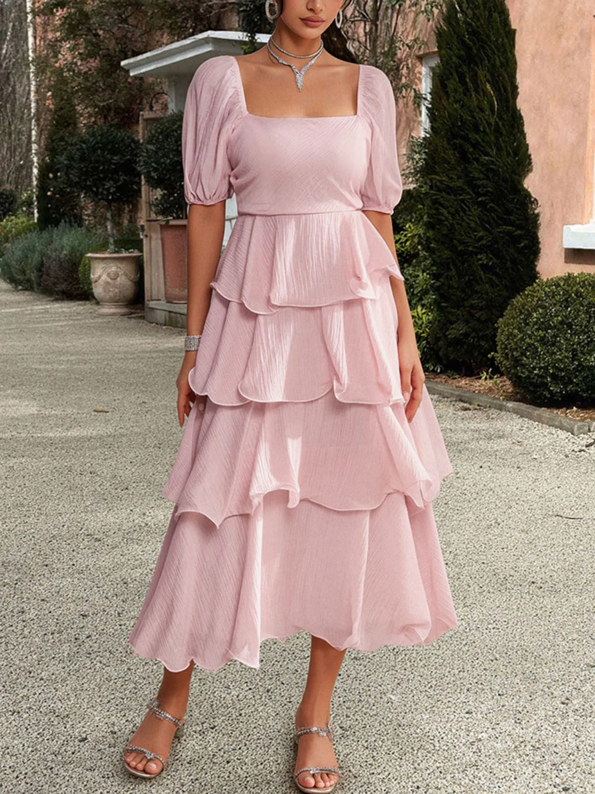 1940s Solid Puff Sleeve Ruffle Trim Tiered Dress - Image 5