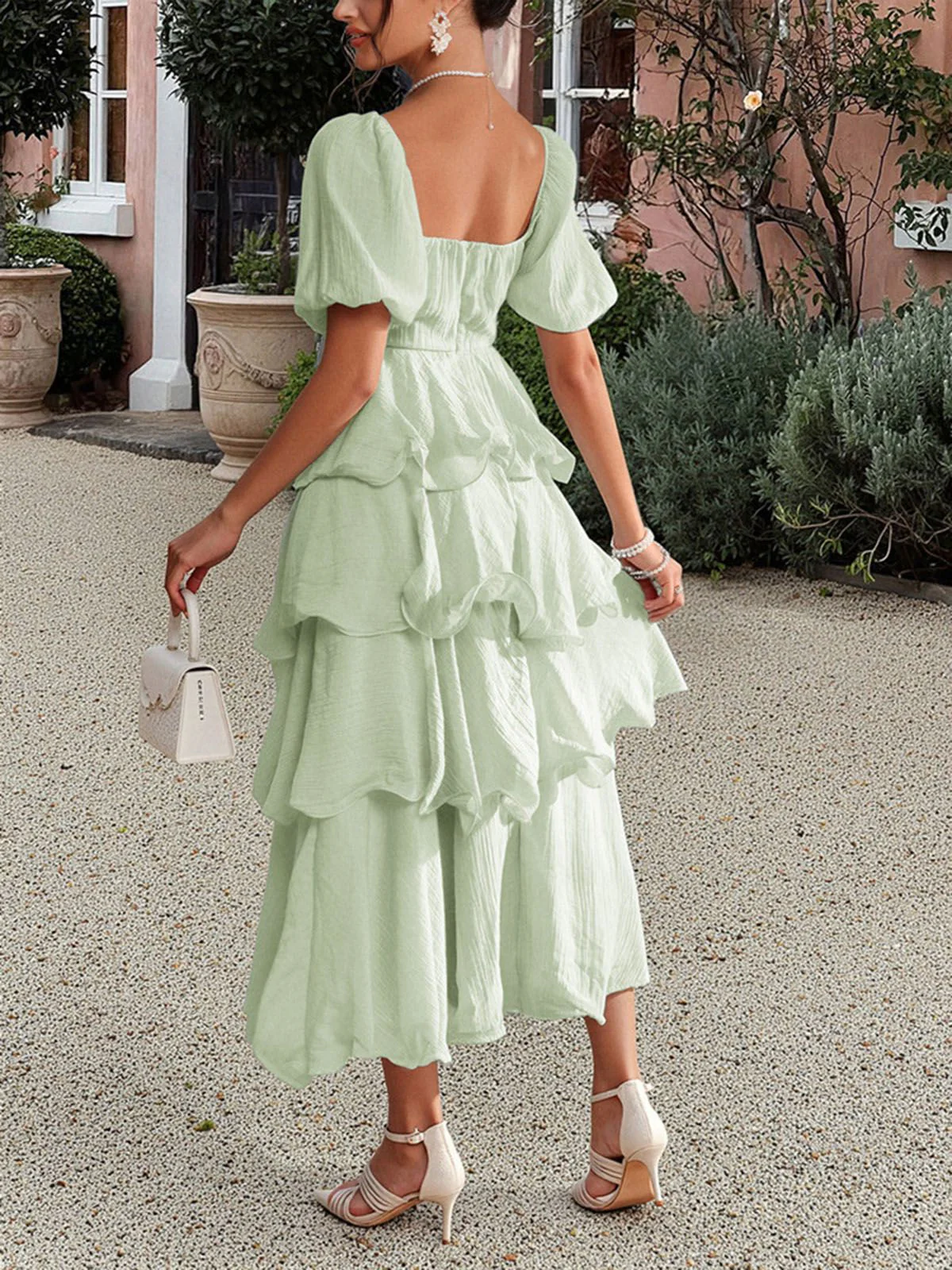 1940s Solid Puff Sleeve Ruffle Trim Tiered Dress - Image 6