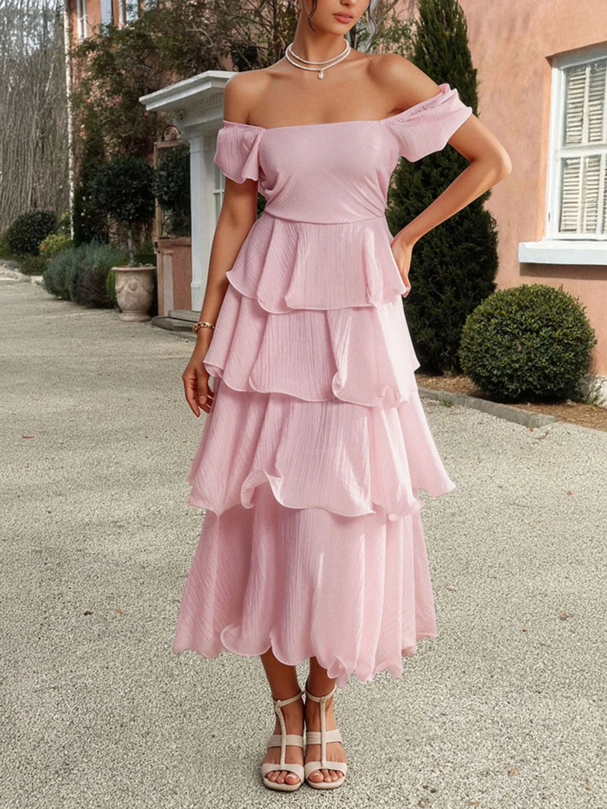 1940s Solid Puff Sleeve Ruffle Trim Tiered Dress - Image 7