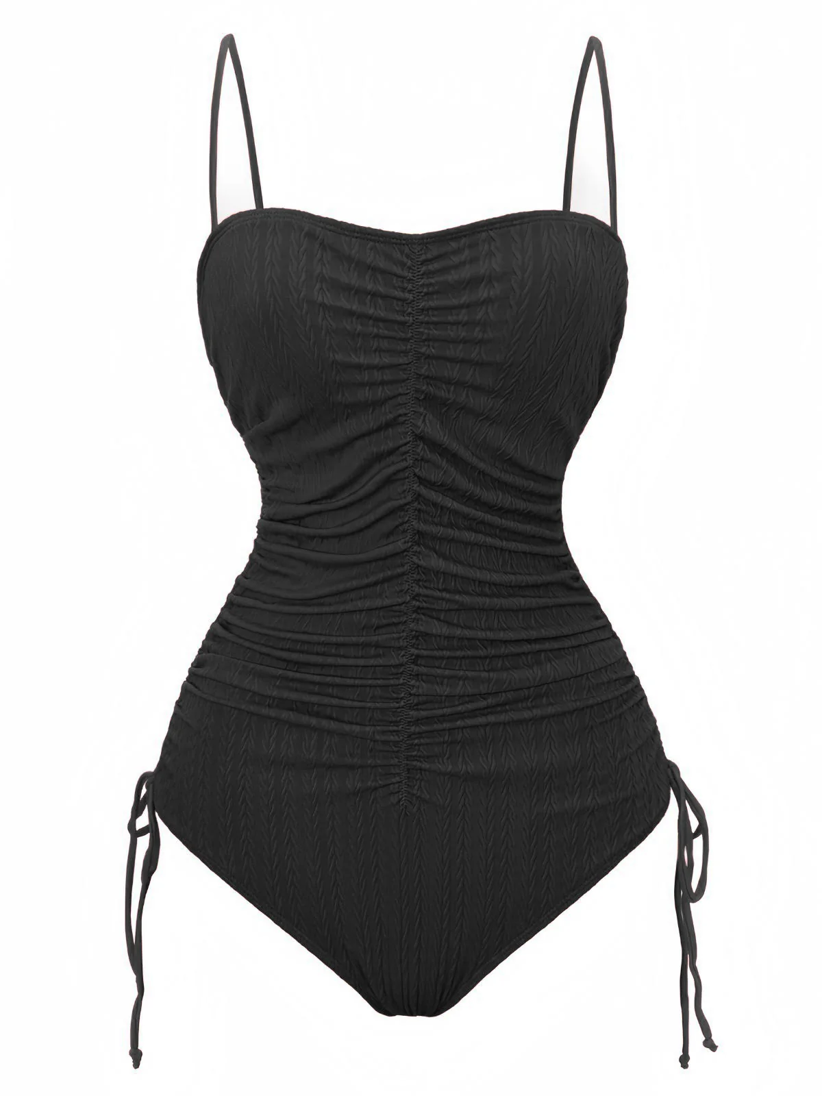 1940s Solid Ruched Spaghetti Strap One-Piece Swimsuit - Image 14