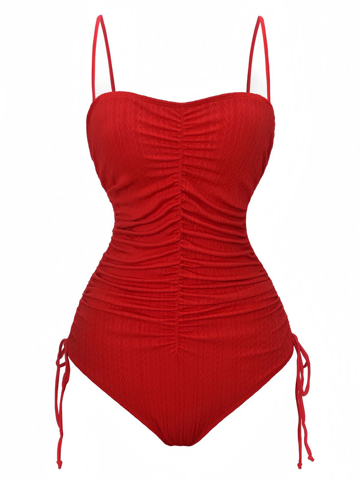 1940s Solid Ruched Spaghetti Strap One-Piece Swimsuit - Image 2