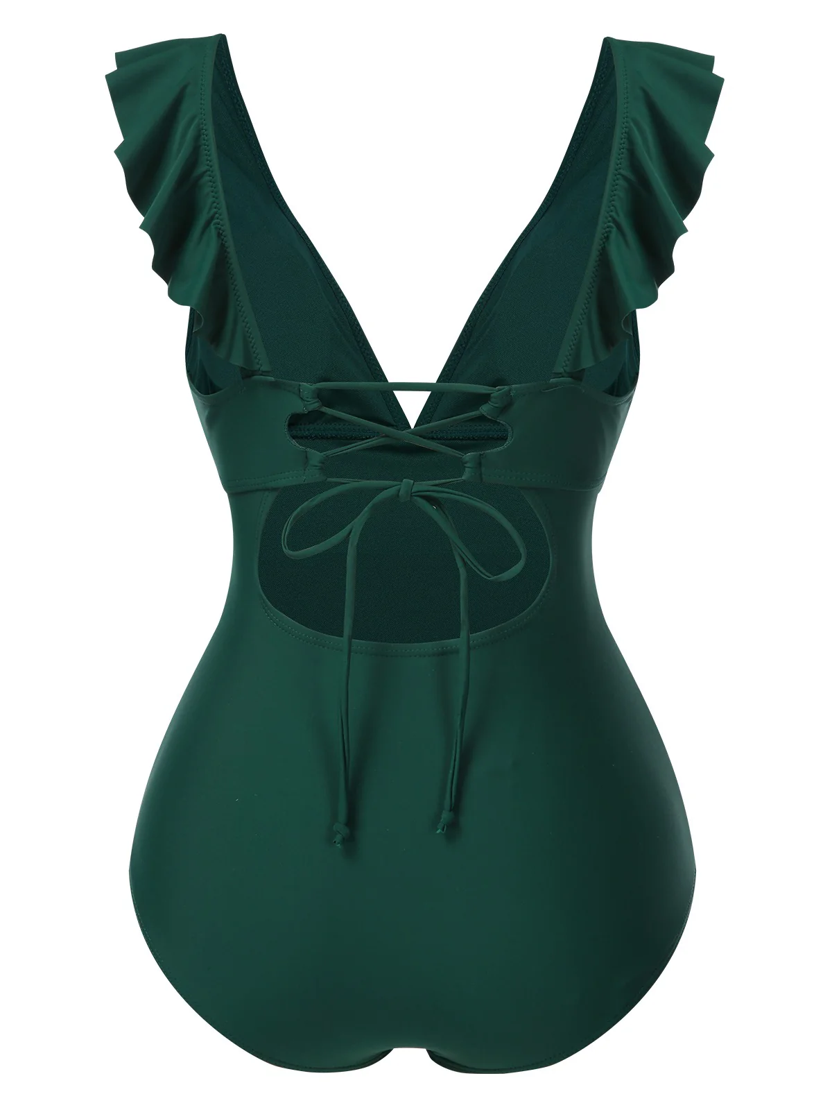1940s Solid Ruffle Collar Lace-Up Swimsuit - Image 3